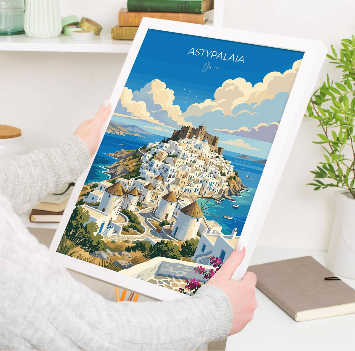 Astypalaia Greece Poster, Chora Windmills Wall Art, Greek Island Print, Dodecanese Travel Poster, Astypalaia Gift