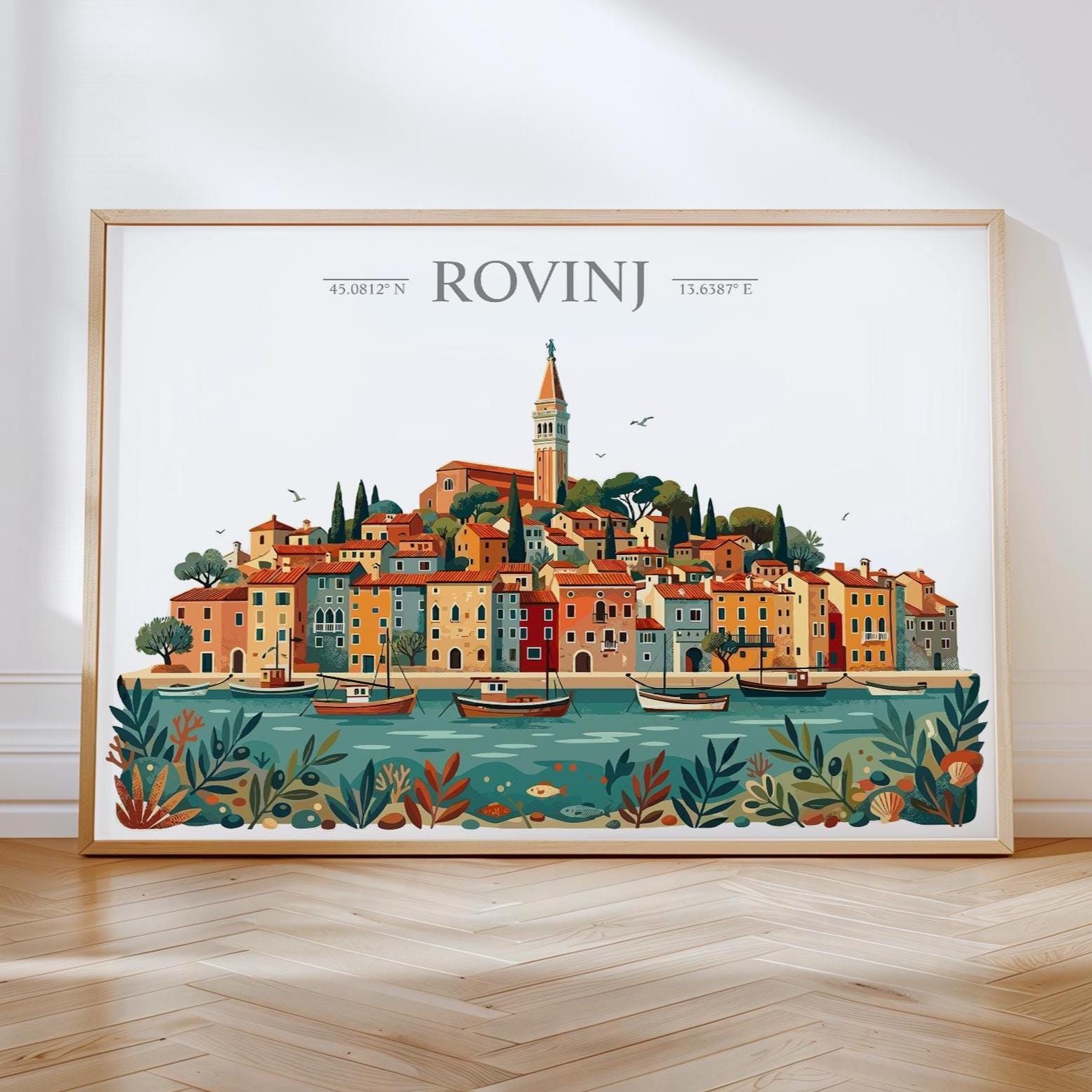 Rovinj Croatia Travel Poster, Rovinj Skyline Wall Art, Adriatic Coastal Print, Historic Old Town Illustration, Vintage Style Europe Decor