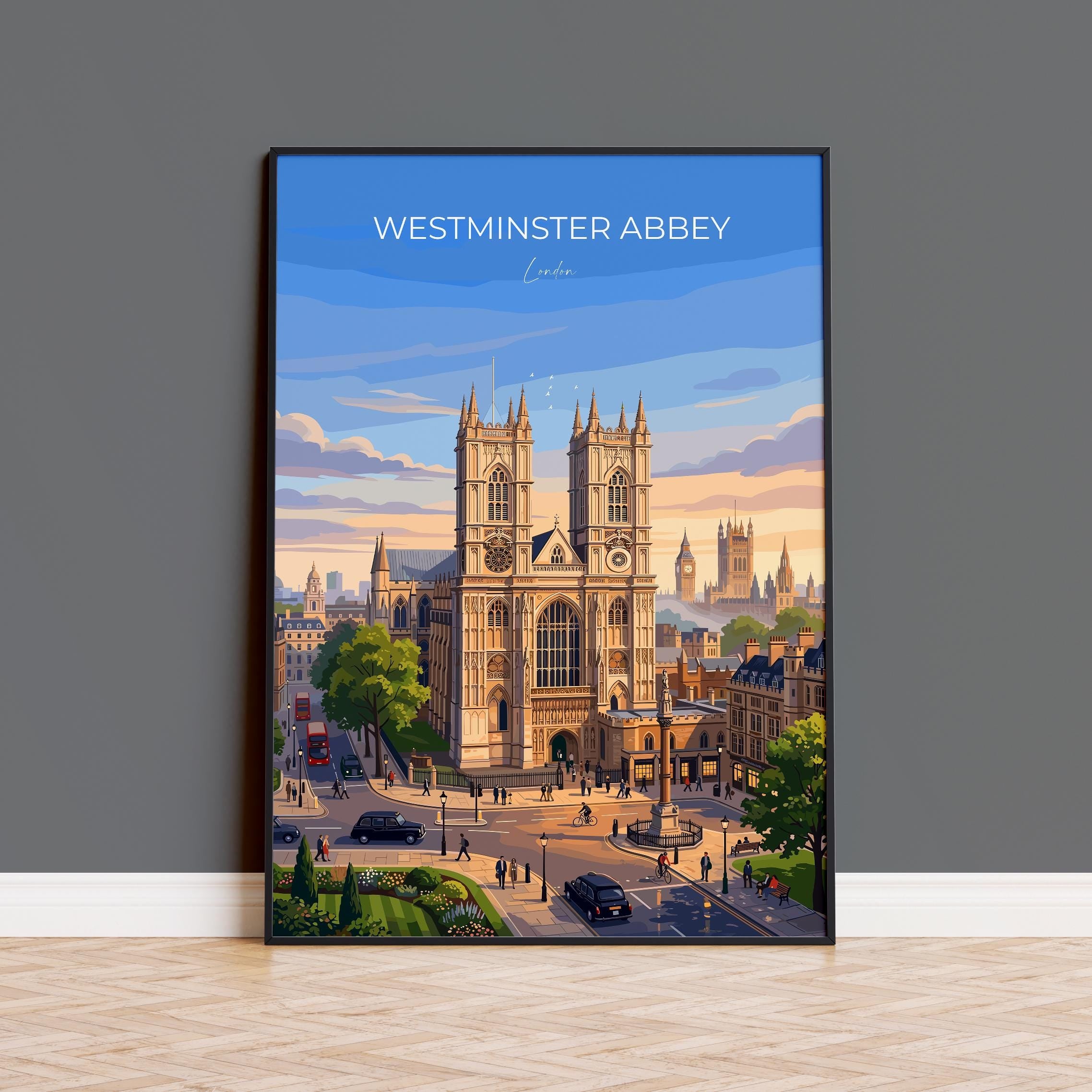 Westminster Abbey London Travel Print, London Landmark Wall Art, Gothic Cathedral Poster Historic London Illustration, Vintage UK Decor