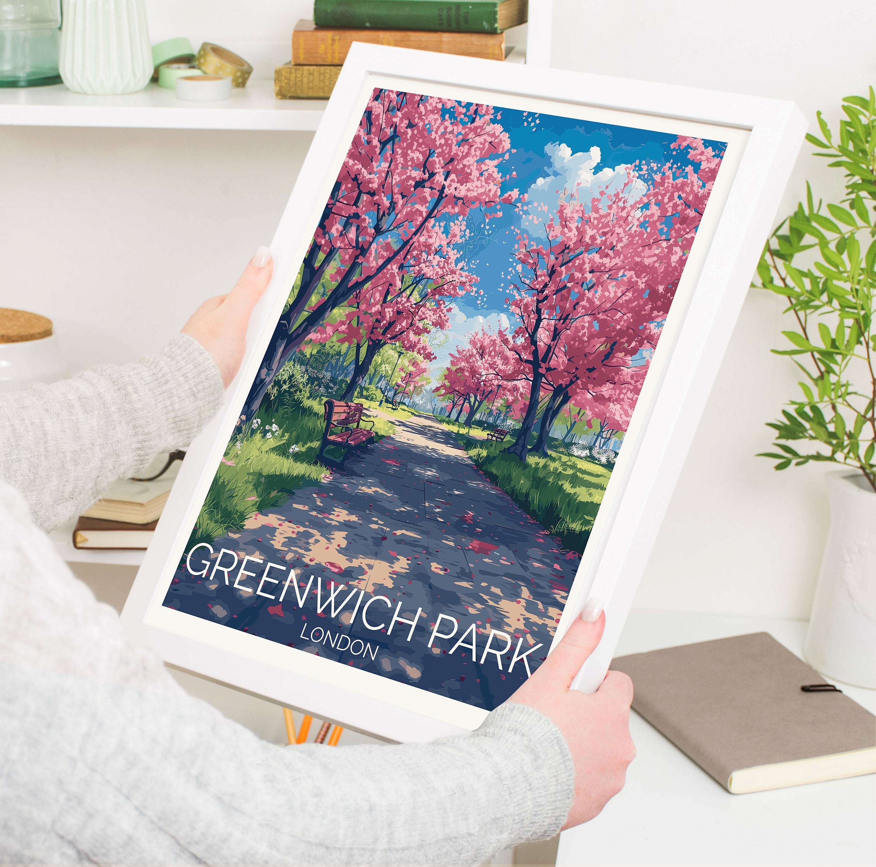 Greenwich Park Travel Poster Wall Art, Travel Print of Greenwich Park, Spring Blossom, Greenwich Park Art Gift, London Art Lovers Gift NQ Media Designs