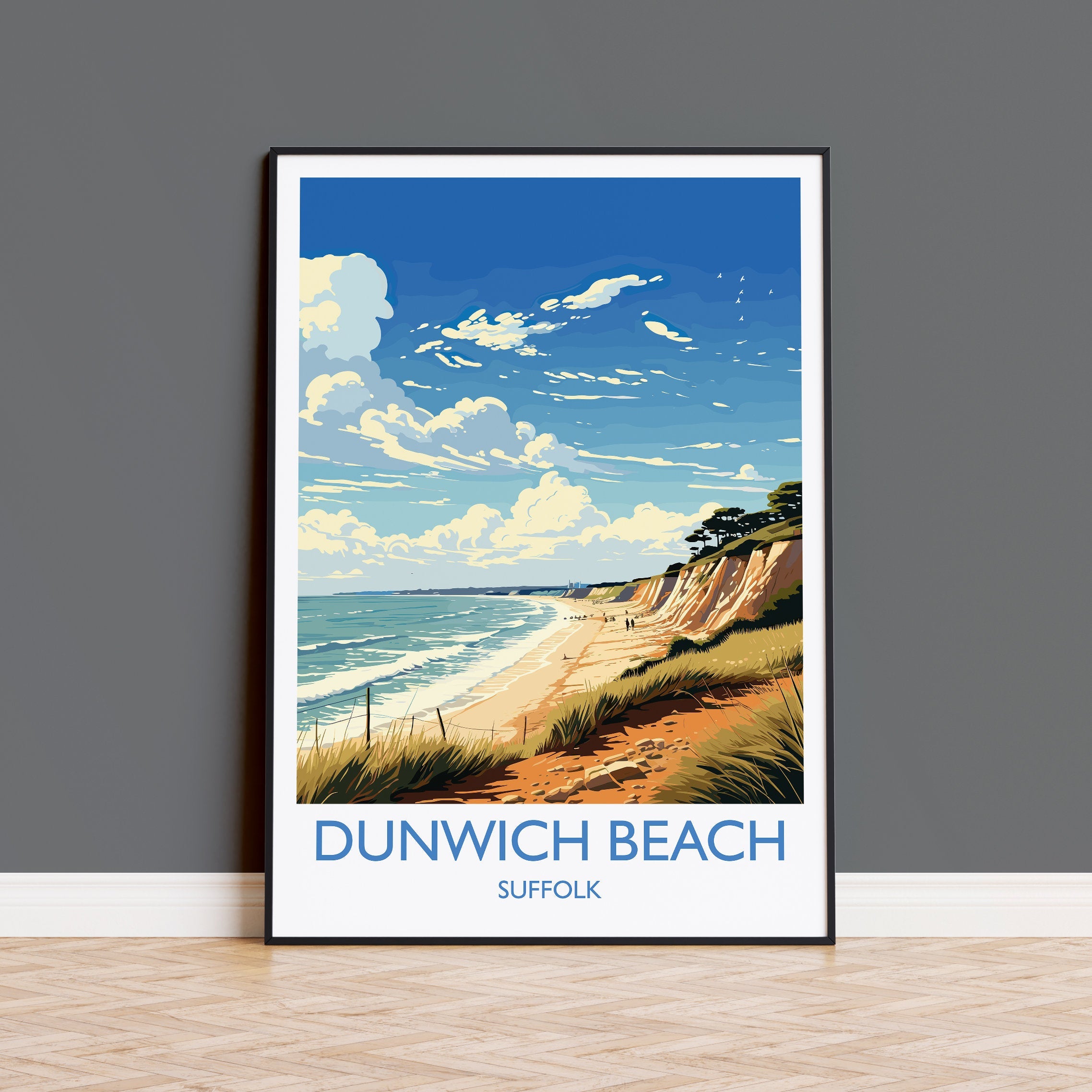 Dunwich Beach Travel Print, Travel Poster of Dunwich Beach,Dunwich Beach Art Lovers Gift, Suffolk Coast Wall Art NQ Media Designs