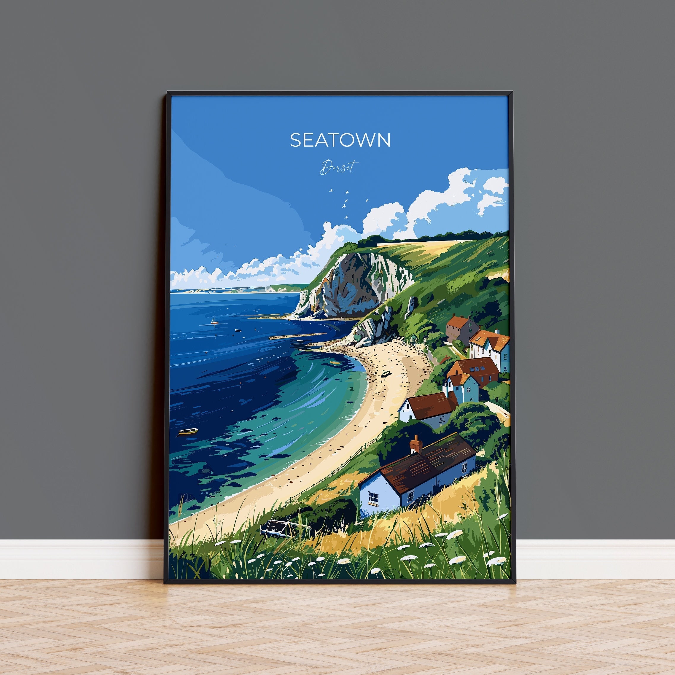 Seatown Travel Poster Wall Art, Travel Print of Seatown, England, Dorset Coast Art Lovers Gift, Dorset Wall Decor NQ Media Designs