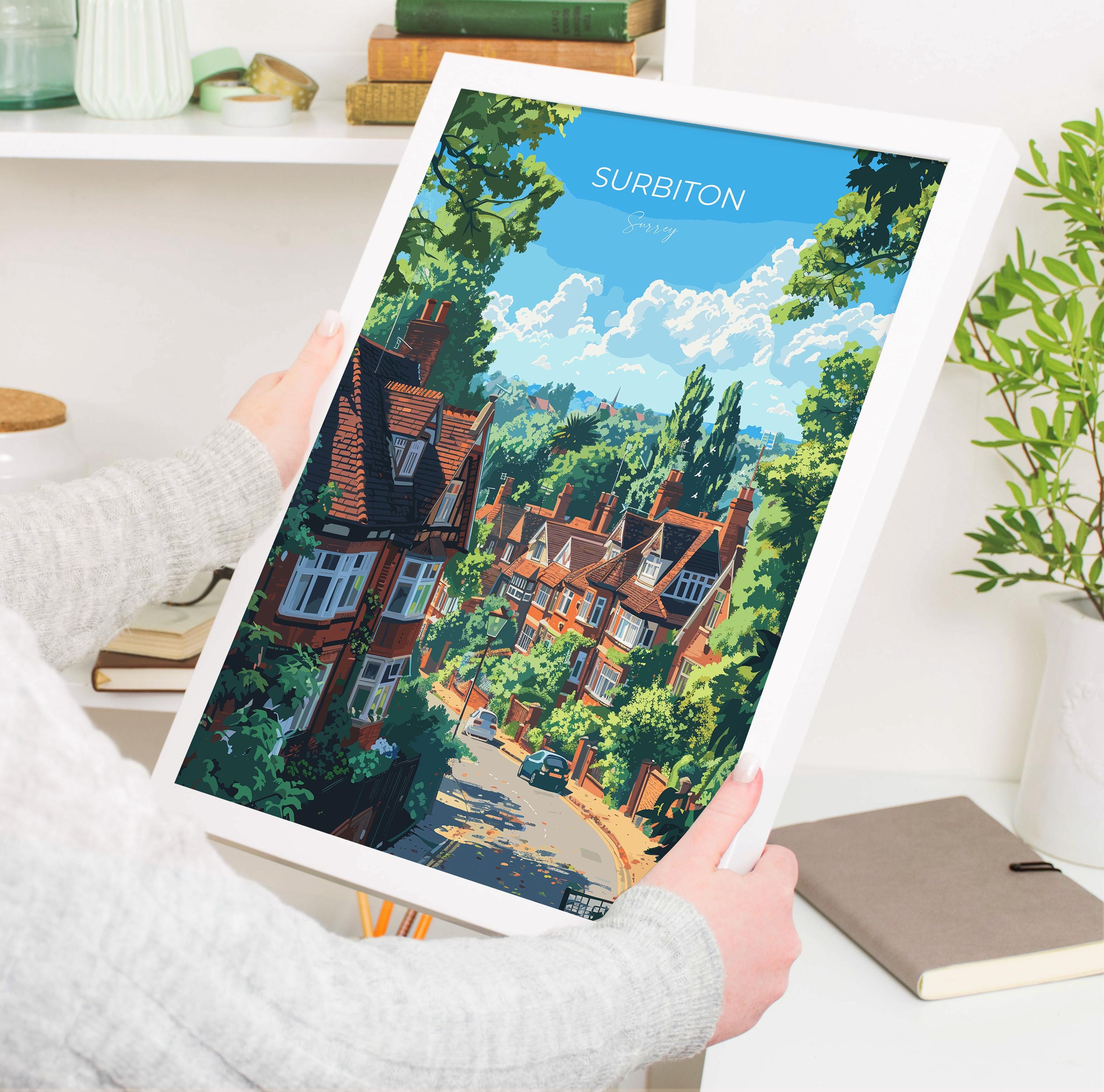 Surbiton Travel Poster, Travel Print of Surbiton, Surrey Poster, Surbiton Art Gift, London Art Lovers UK Travel Gift NQ Media Designs
