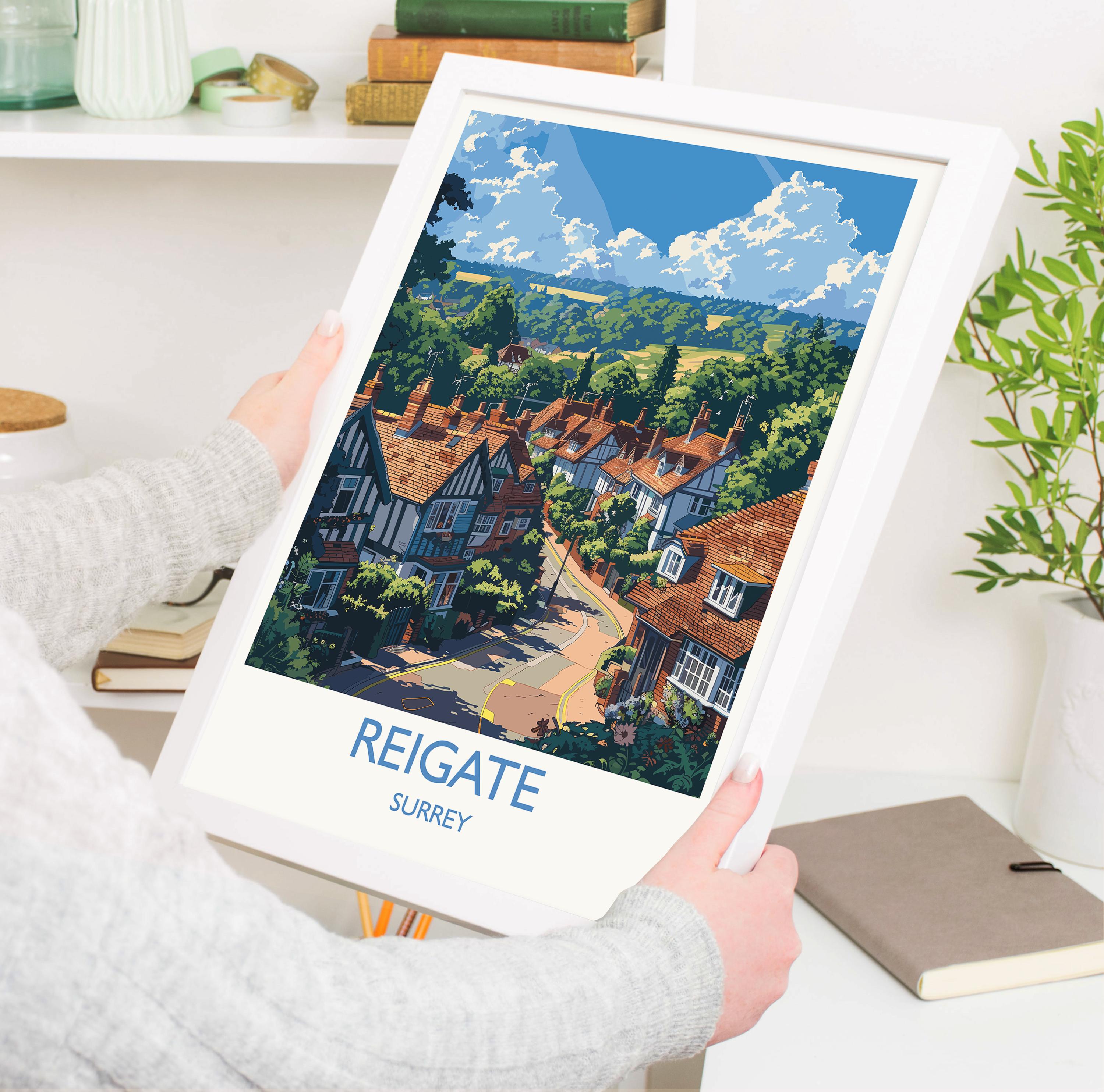 Reigate Travel Print, Travel Poster of Reigate, Surrey Poster, Reigate Art Gift, London Art Lovers UK Travel Gift NQ Media Designs