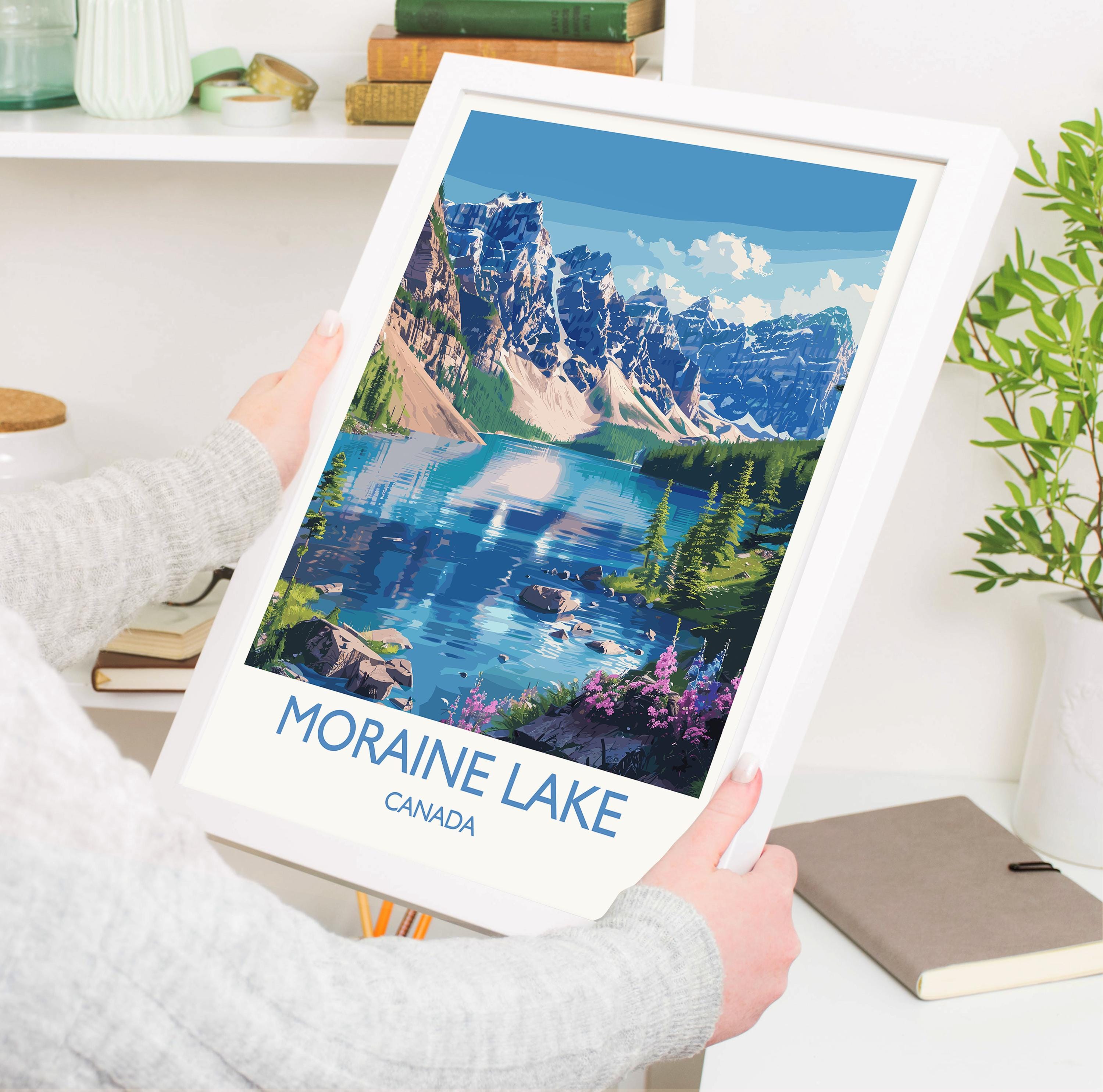 Moraine Lake Travel Print, Travel Poster of Lake Moraine, Canada Alberta Gift, Vancouver Art Lovers Gift, Canada Gift Art, Wall Art Print NQ Media Designs
