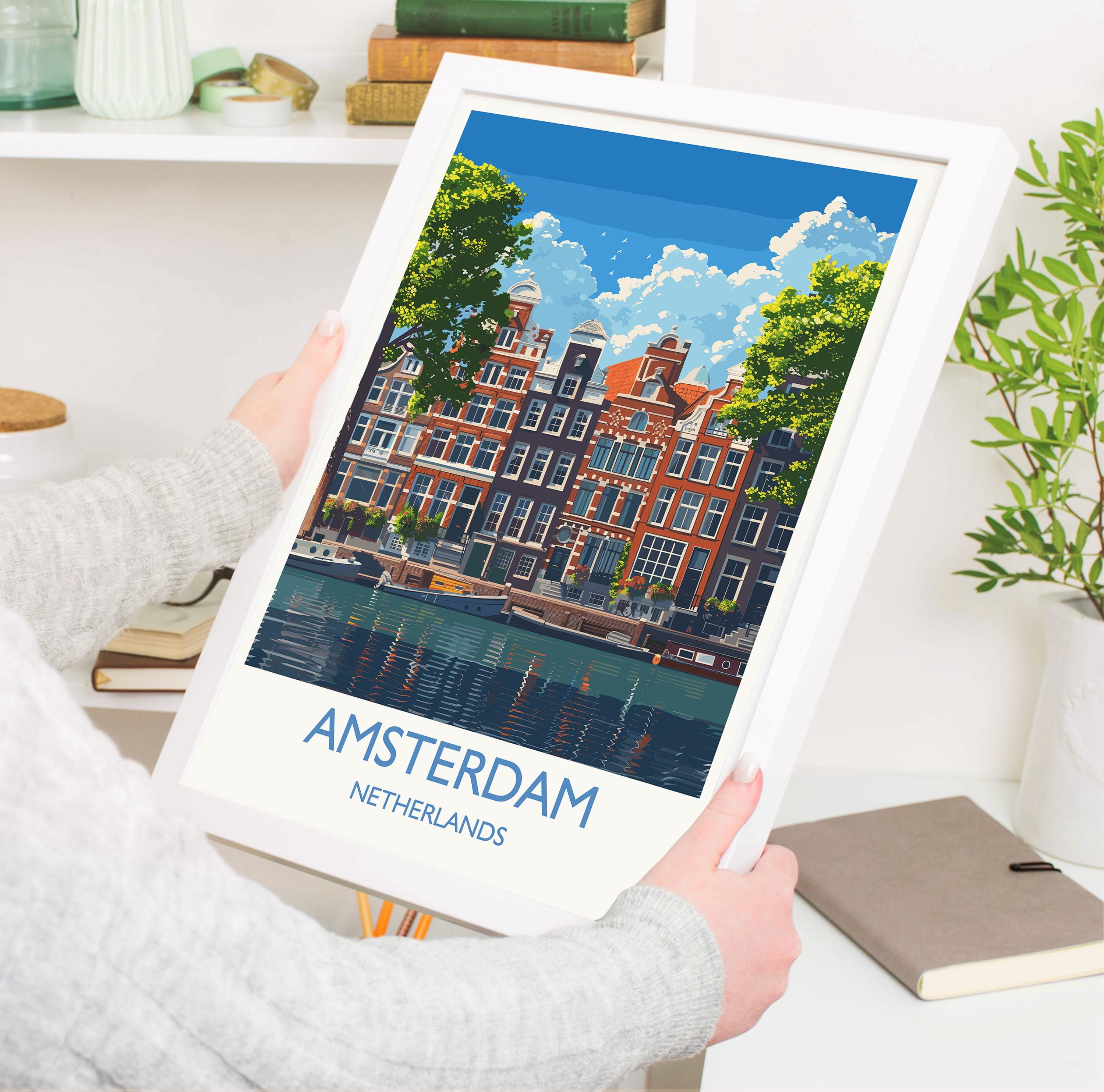 Amsterdam Travel Poster, Travel Print of Amsterdam, Netherlands, Dutch Art Lovers Gift, Wall Art Print NQ Media Designs