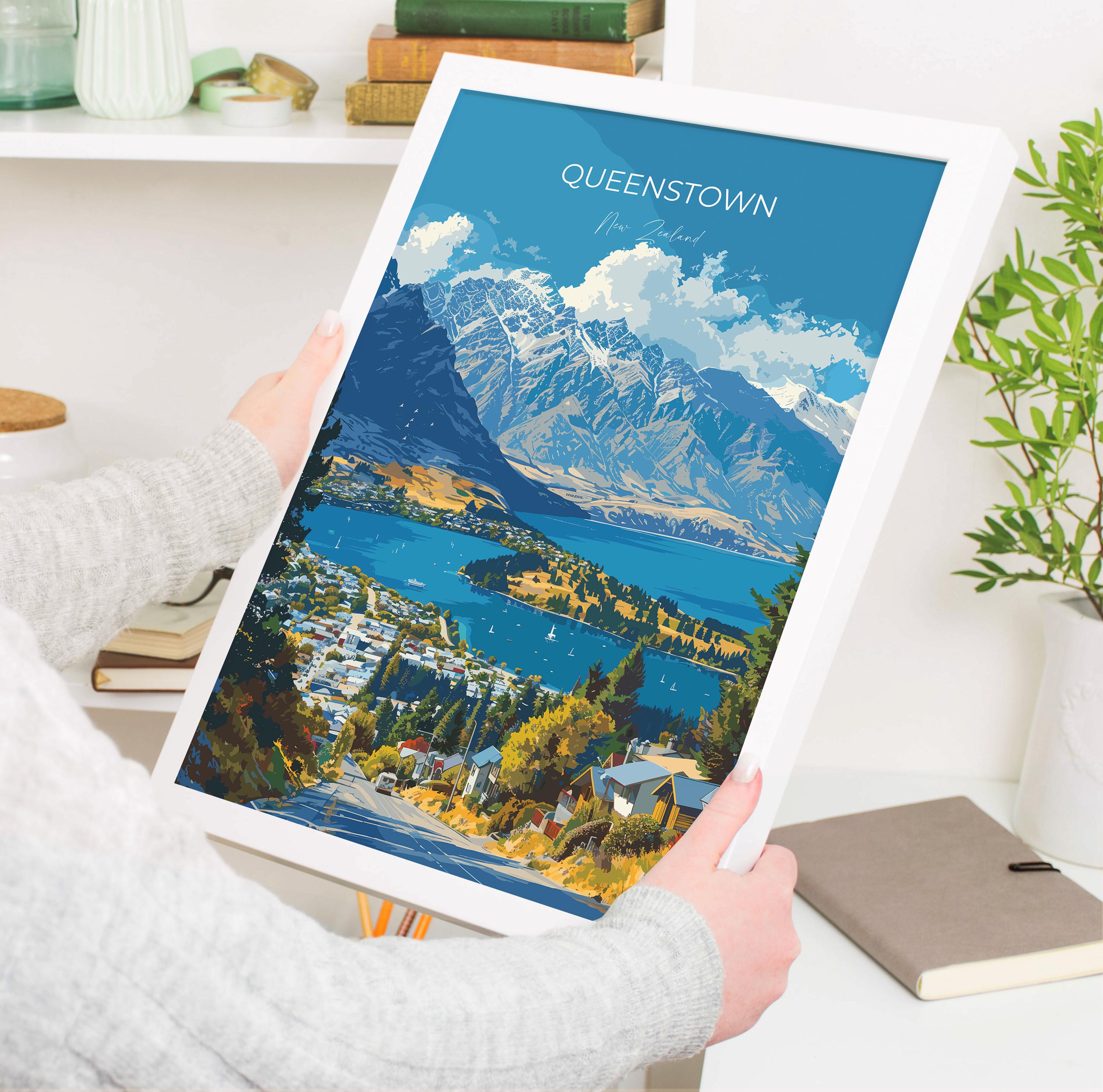 Queenstown Travel Poster, Travel Print of Queenstown, New Zealand Art Lovers Gift, Queenstown Wall Art NQ Media Designs