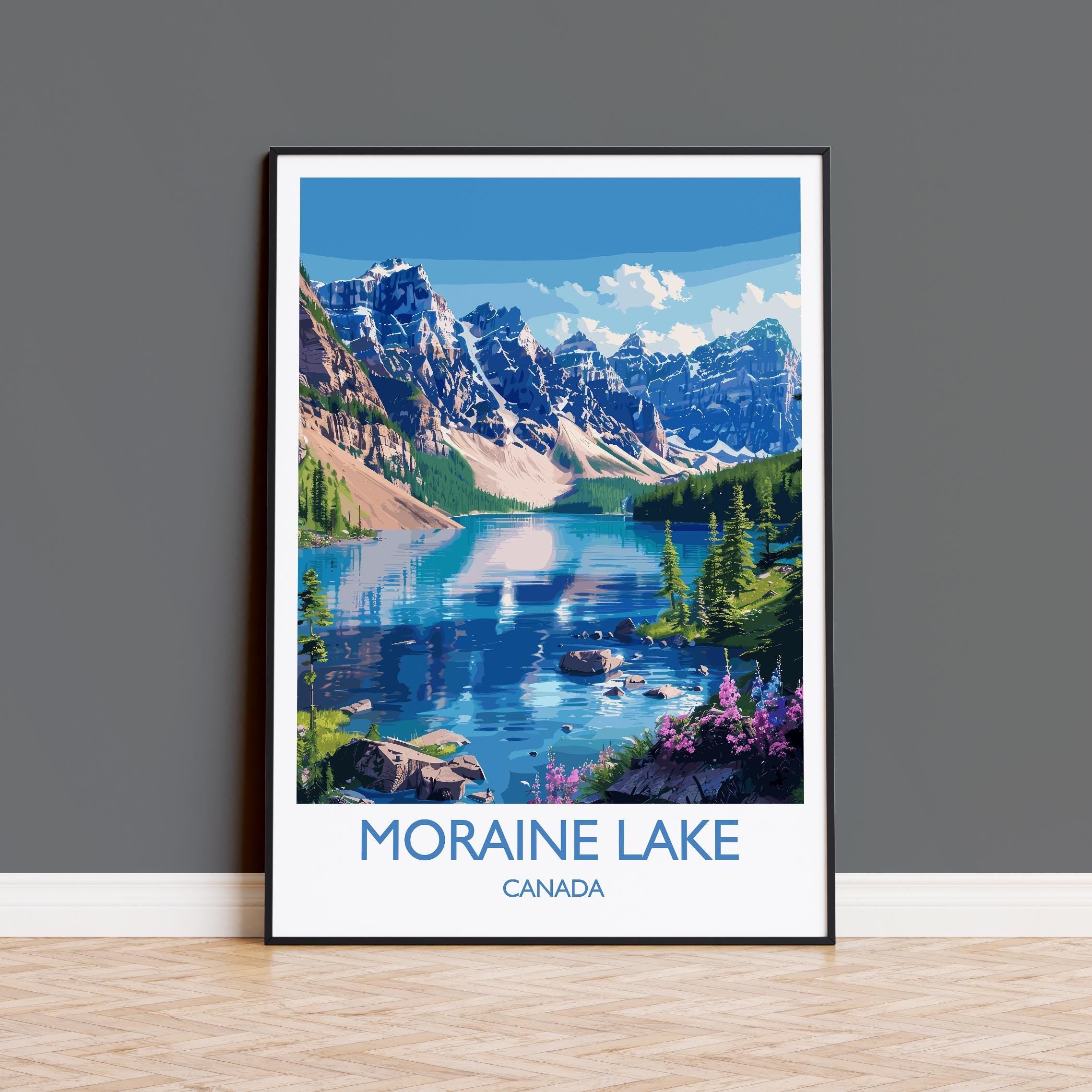 Moraine Lake Travel Print, Travel Poster of Lake Moraine, Canada Alberta Gift, Vancouver Art Lovers Gift, Canada Gift Art, Wall Art Print NQ Media Designs