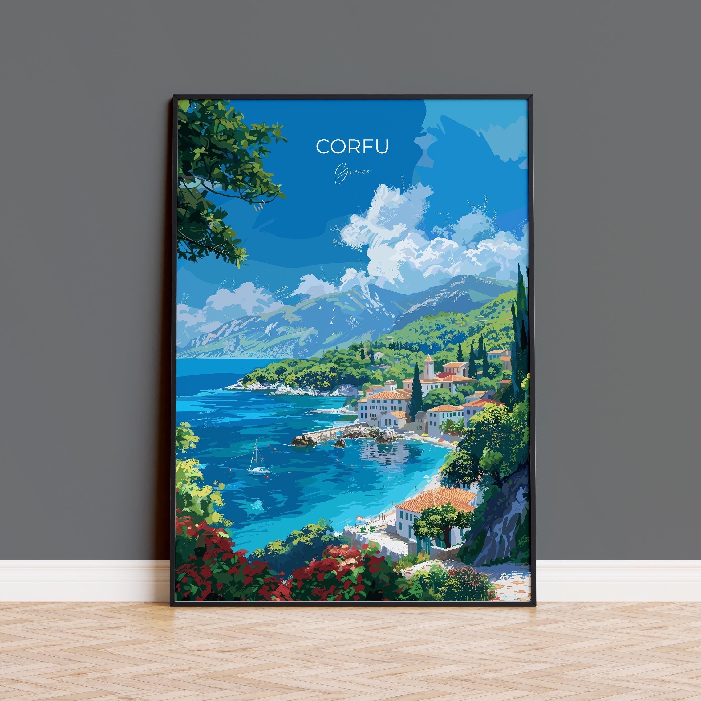 Corfu Travel Poster, Travel Print of Corfu, Greece Gift, Greek Islands Art Lovers Gift, Corfu Gift Art, Wall Art Print NQ Media Designs