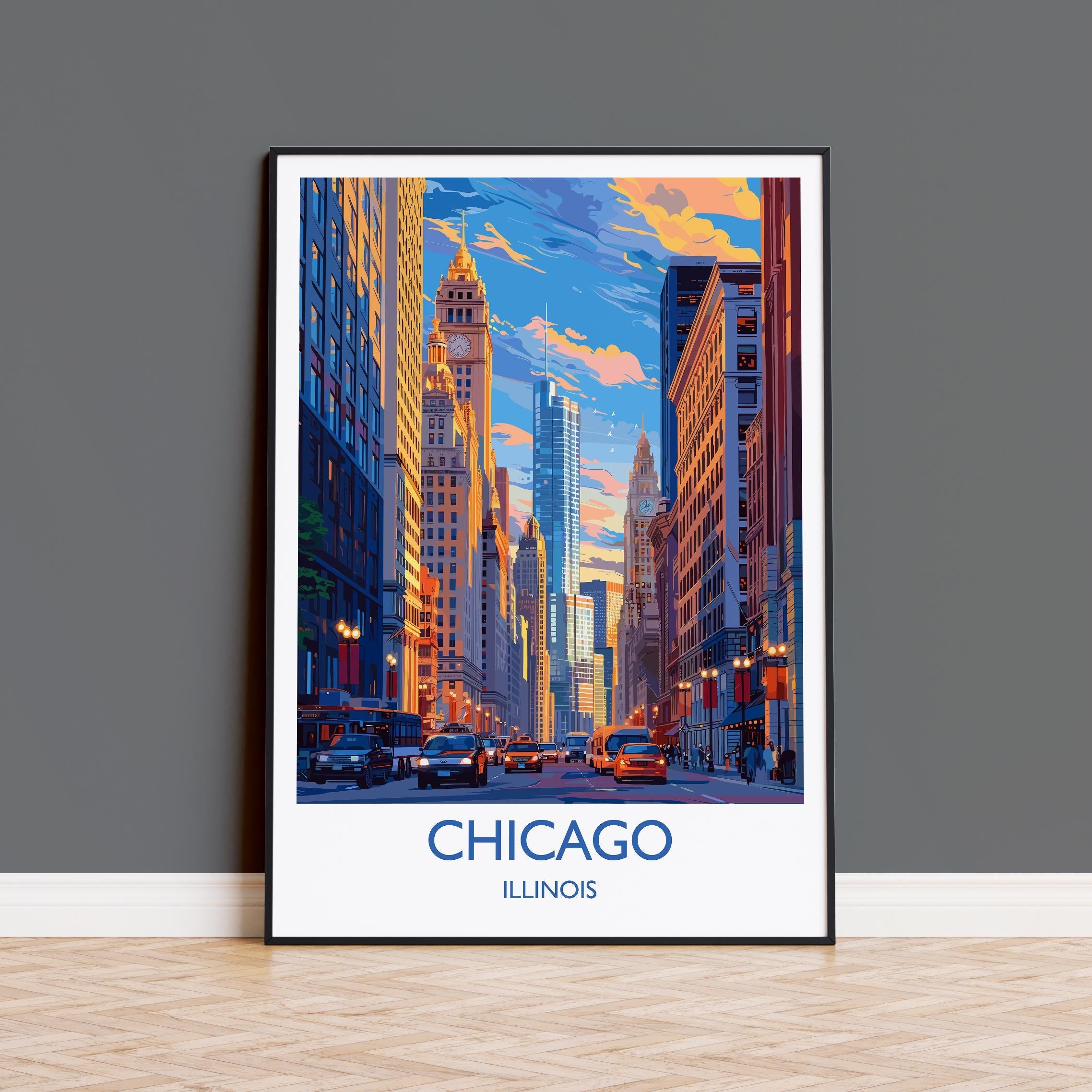 Chicago Travel Poster Wall Art, Travel Print of Chicago, Illinois, Chicago Art Lovers Gift, USA City Art Gift, NQ Media Designs