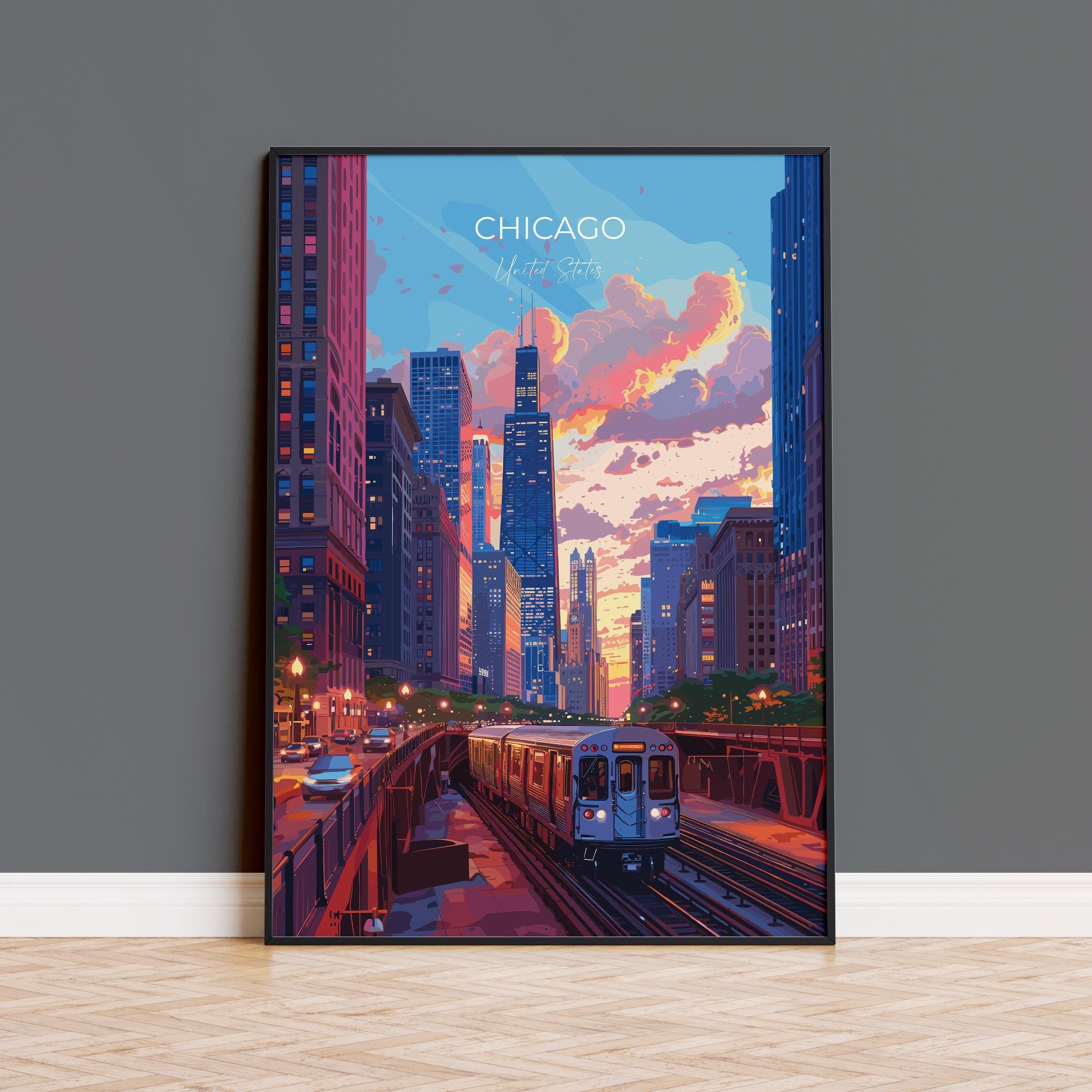 Chicago Travel Print Wall Art, Travel Poster of Chicago, Illinois, Chicago Art Lovers Gift, USA City Art Gift, NQ Media Designs