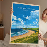 Freshwater Beach Travel Poster, Travel Print of Freshwater Beach, Wales, Pembrokeshire Art Gift, Wales Art Lovers Gift, Wall Art Print NQ Media Designs
