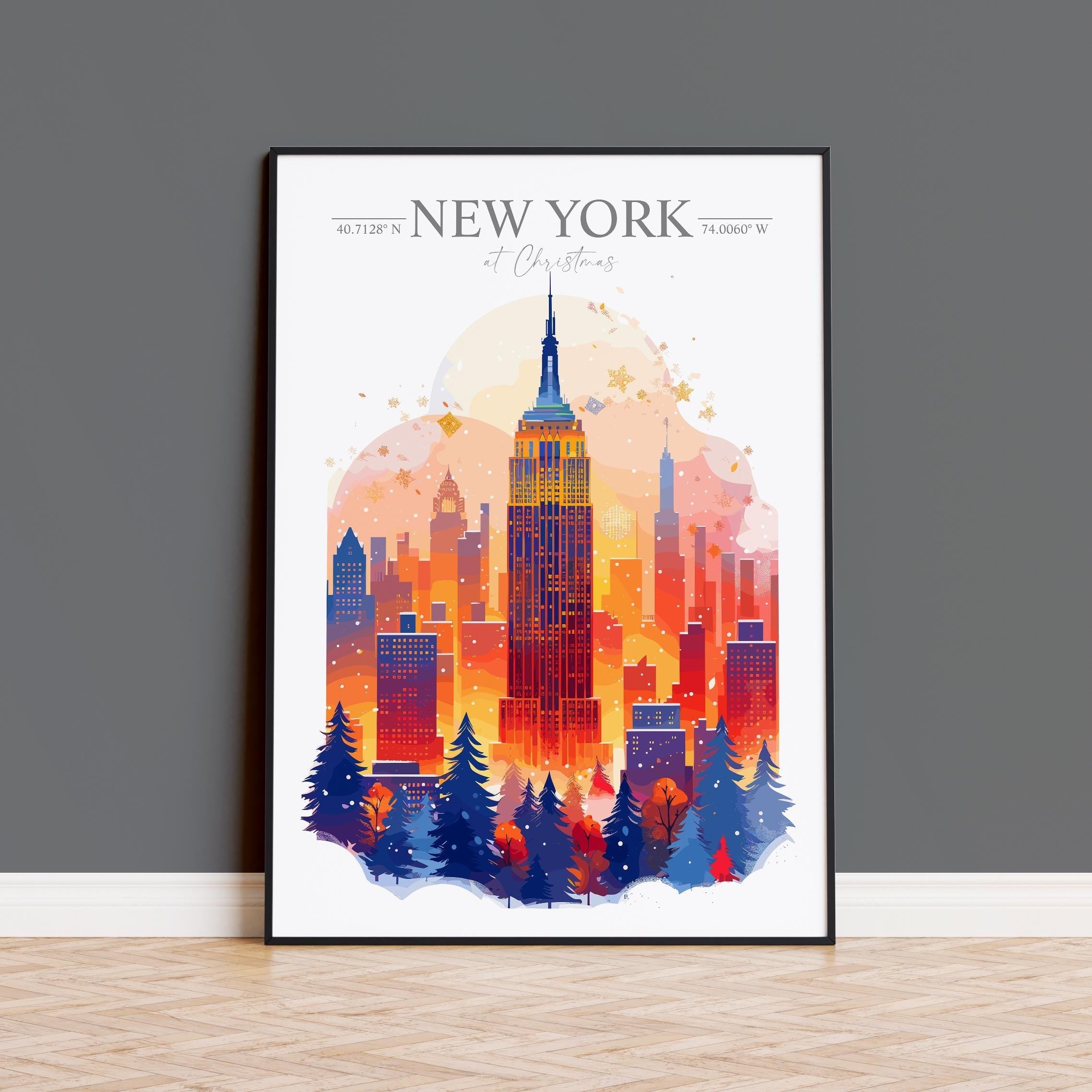 New York Christmas Skyline Travel Print Wall Art, New York Skyline Travel Poster, New York City, US City Art, New York Art Lovers Gift NQ Media Designs