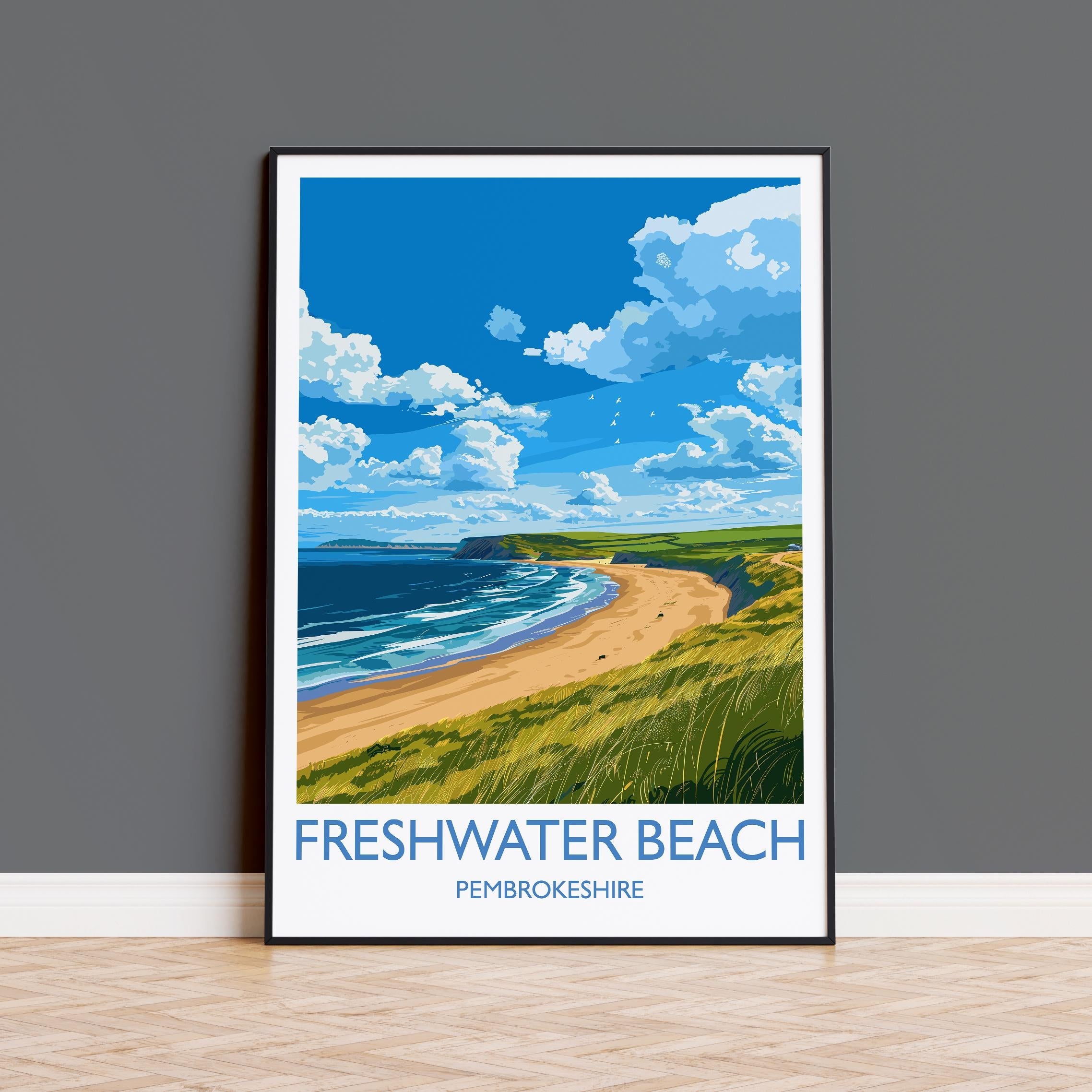 Freshwater Beach Travel Print, Travel Poster of Freshwater Beach, Wales, Pembrokeshire Art Gift, Wales Art Lovers Gift, Wall Art Print NQ Media Designs