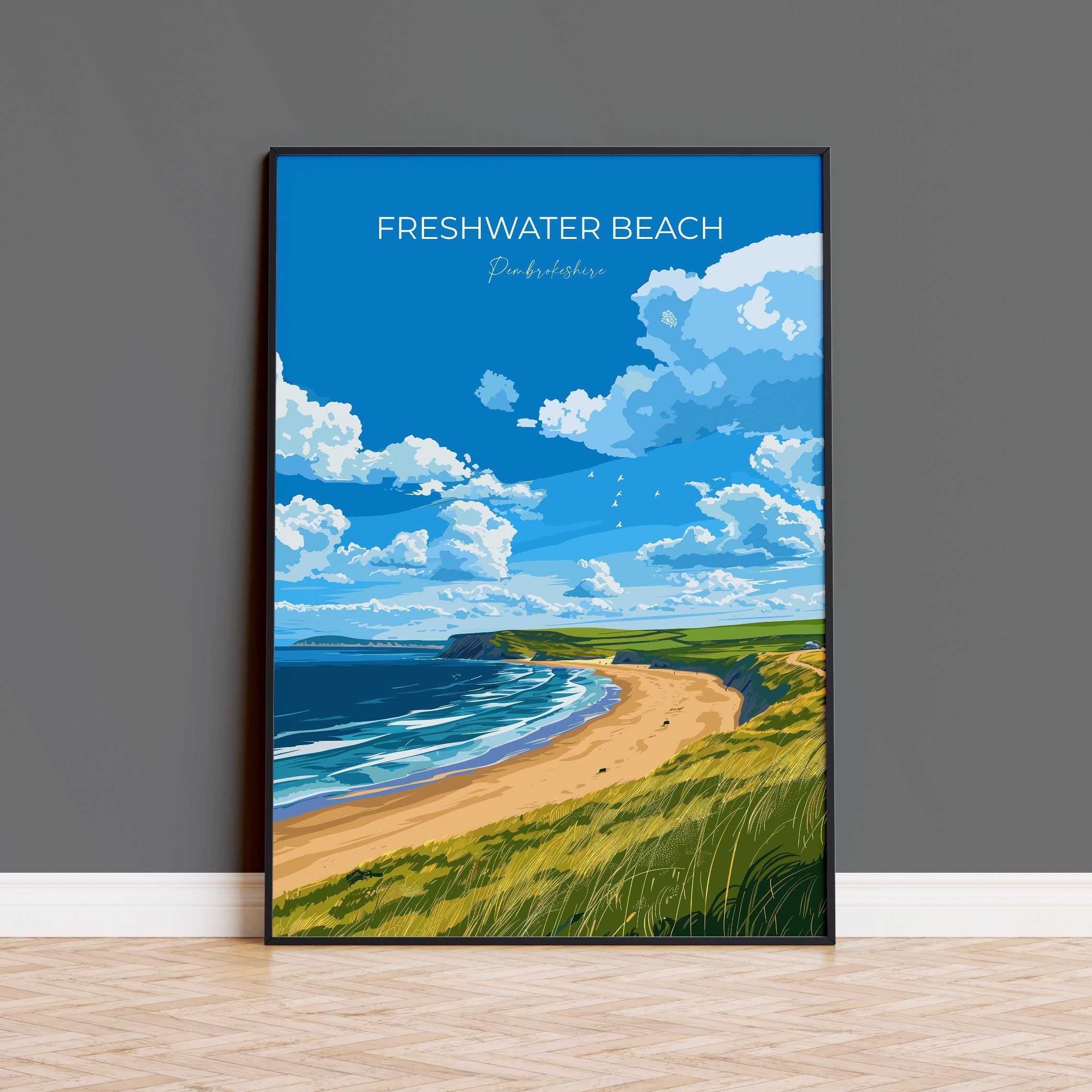Freshwater Beach Travel Poster, Travel Print of Freshwater Beach, Wales, Pembrokeshire Art Gift, Wales Art Lovers Gift, Wall Art Print NQ Media Designs