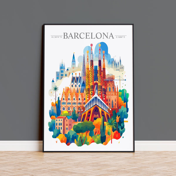 Barcelona Skyline Travel Print Wall Art, Barcelona Skyline Travel Poster, Barcelona City, Spain City Art,Barcelona Art Lovers Gift