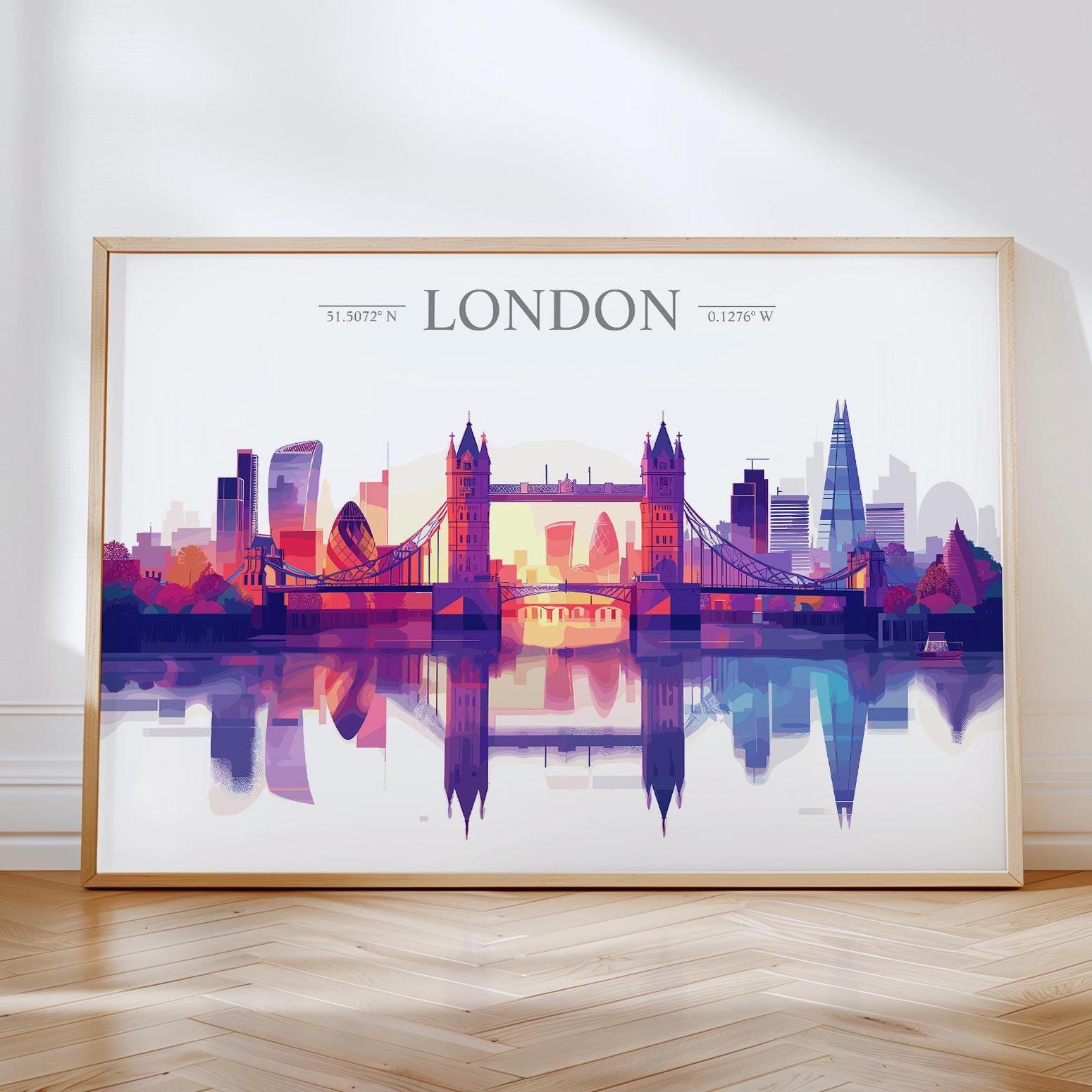 London Skyline Travel Poster Wall Art Landscape, Travel Print of London, London Art Lovers Gift,UK Art Gift NQ Media Designs