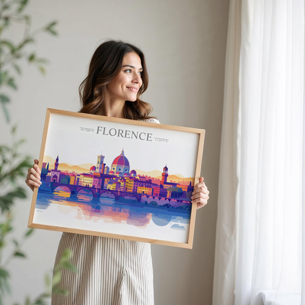 Florence Skyline Travel Poster Wall Art Landscape, Travel Print of Florence, Florence Art Lovers Gift,Italy Art Gift