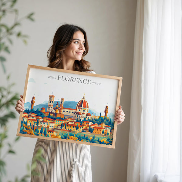 Florence Travel Poster Skyline Wall Art Landscape, Travel Print of Florence, Florence Art Lovers Gift,Italy Horizontal Art Gift