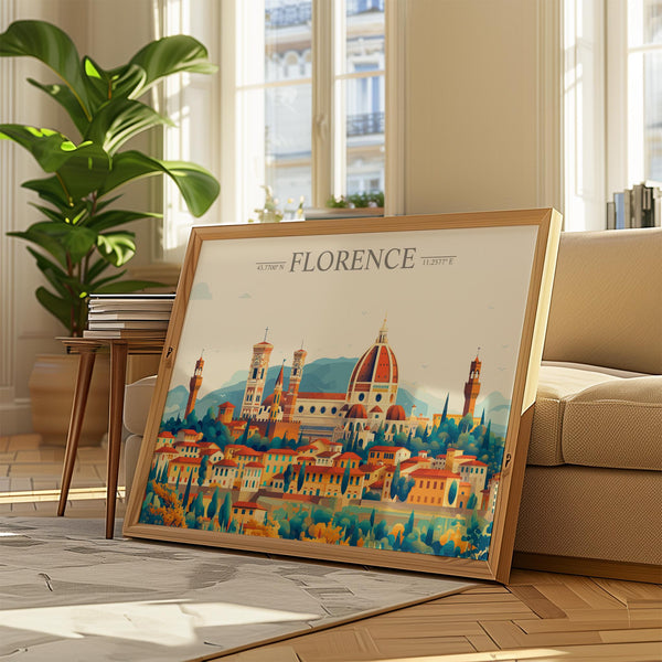 Florence Travel Poster Skyline Wall Art Landscape, Travel Print of Florence, Florence Art Lovers Gift,Italy Horizontal Art Gift