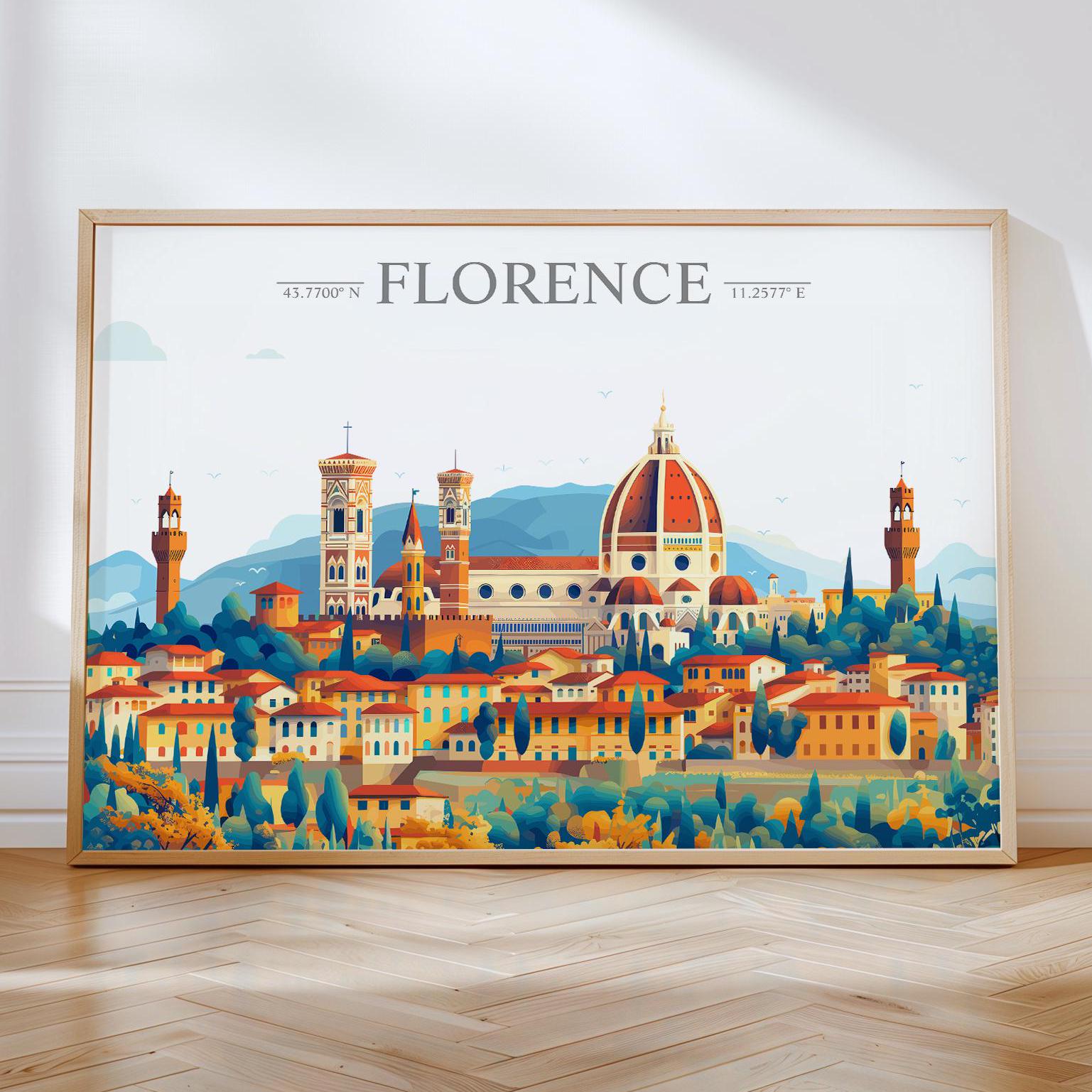 Florence Travel Poster Skyline Wall Art Landscape, Travel Print of Florence, Florence Art Lovers Gift,Italy Horizontal Art Gift NQ Media Designs