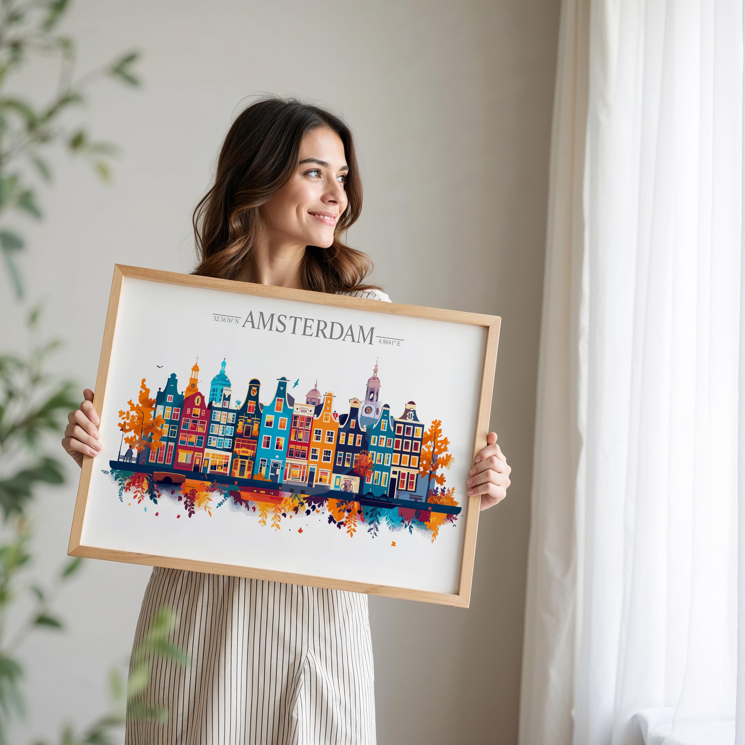Amsterdam Skyline Travel Poster Wall Art Landscape, Travel Print of Amsterdam, Amsterdam Art Lovers Gift,Netherlands Art Gift NQ Media Designs