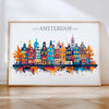 Amsterdam Skyline Travel Poster Wall Art Landscape, Travel Print of Amsterdam, Amsterdam Art Lovers Gift,Netherlands Art Gift