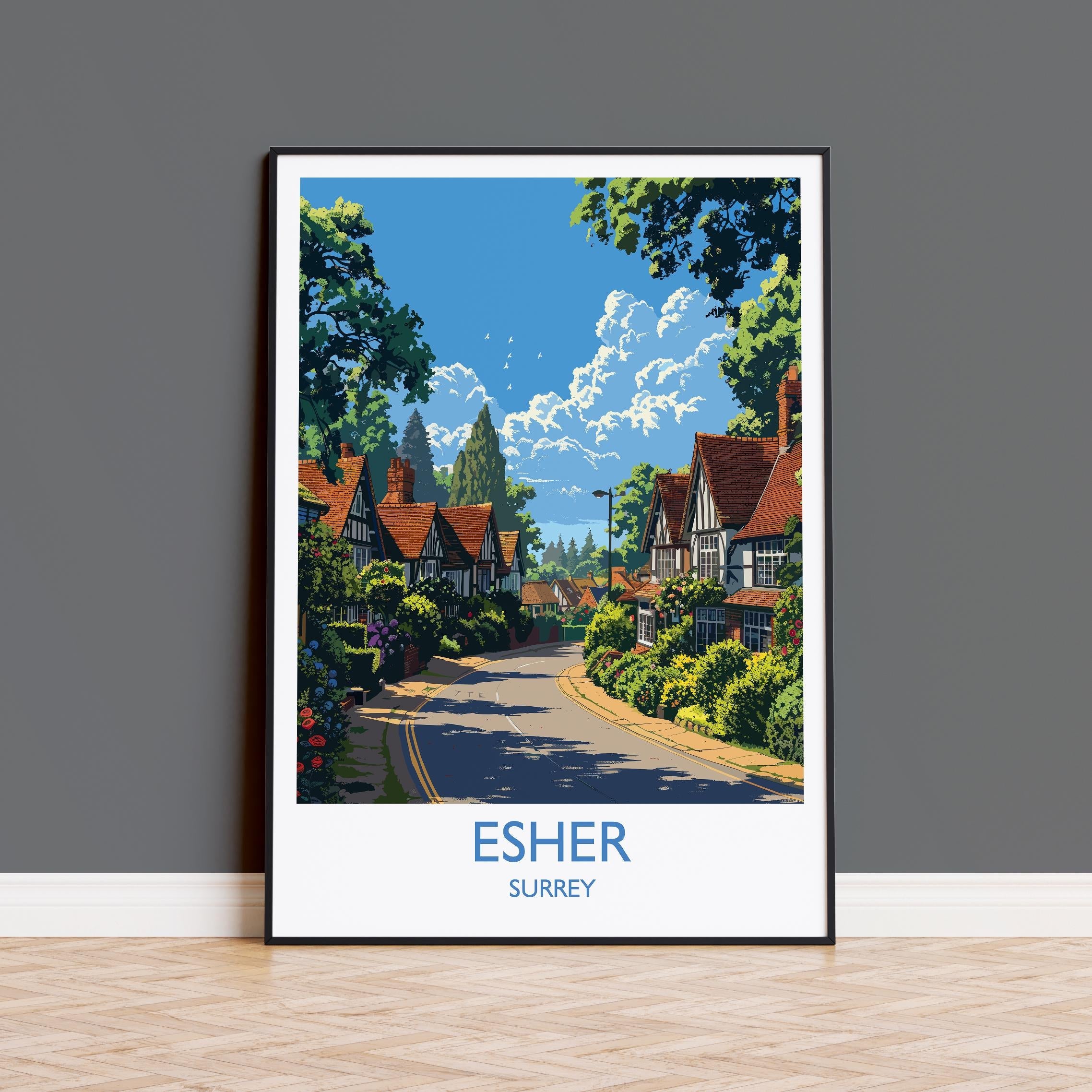 Esher Travel Print, Travel Poster of Esher, Surrey Poster, Esher Art Gift, London Art Lovers UK Travel Gift NQ Media Designs