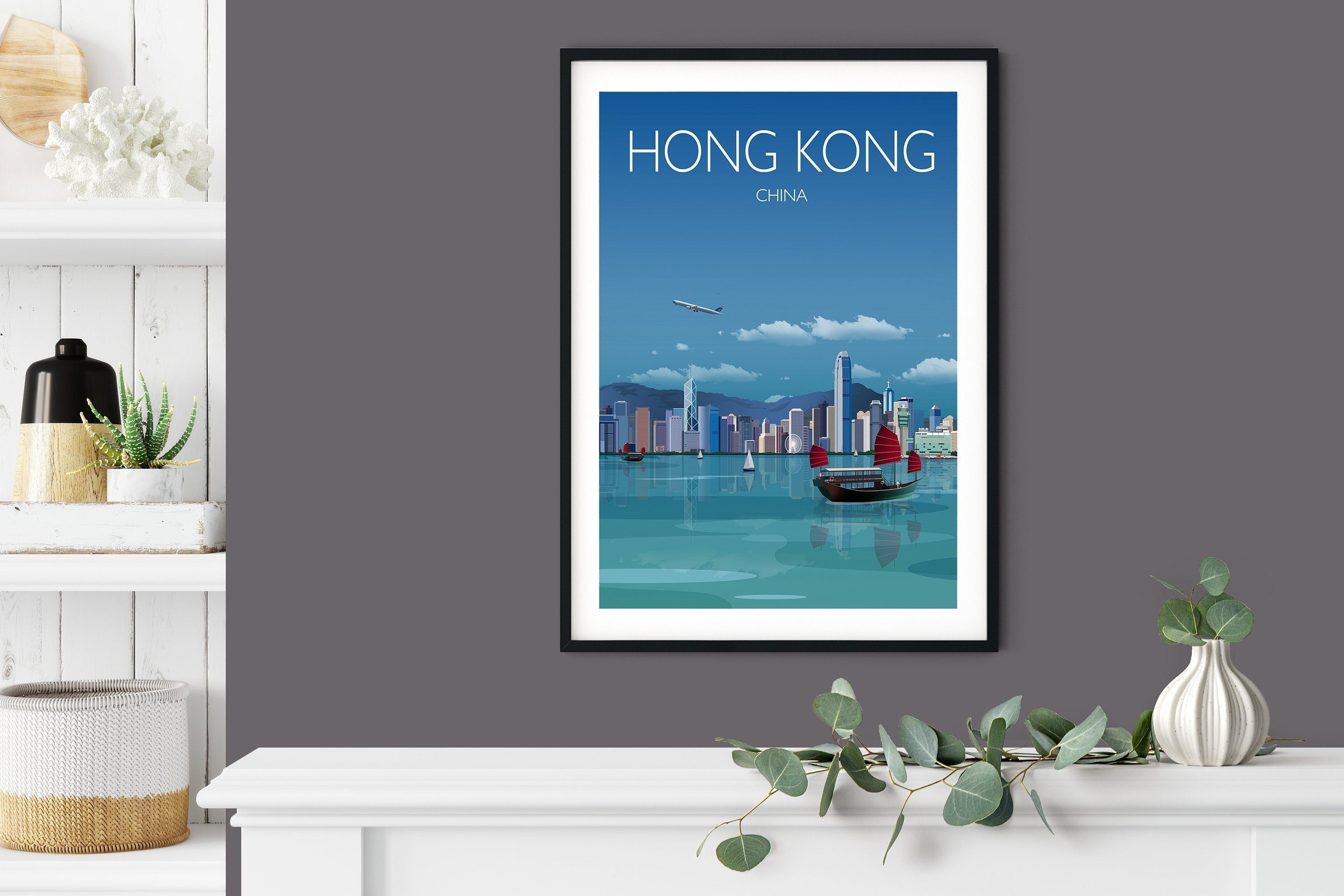Hong Kong Travel Poster , Travel Print of Hong Kong, City of Hong Kong, China NQ Media Designs