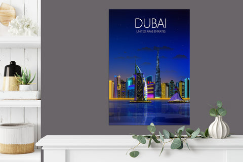 Dubai at night Travel Poster, Travel Print of Dubai, City of Dubai at night, United Arab Emirates Travel Poster, Dubai Cityscape