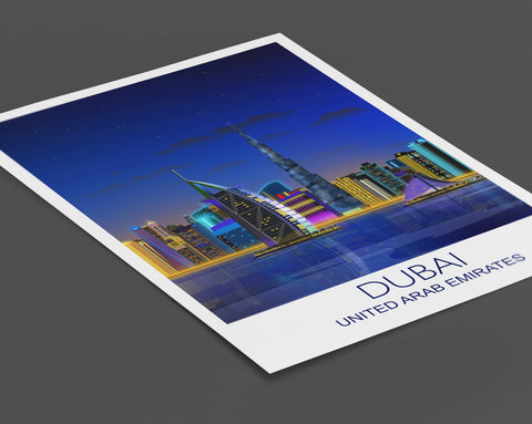 Dubai at night Travel Poster, Travel Print of Dubai, City of Dubai at night, United Arab Emirates