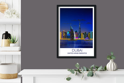 Dubai at night Travel Poster, Travel Print of Dubai, City of Dubai at night, United Arab Emirates