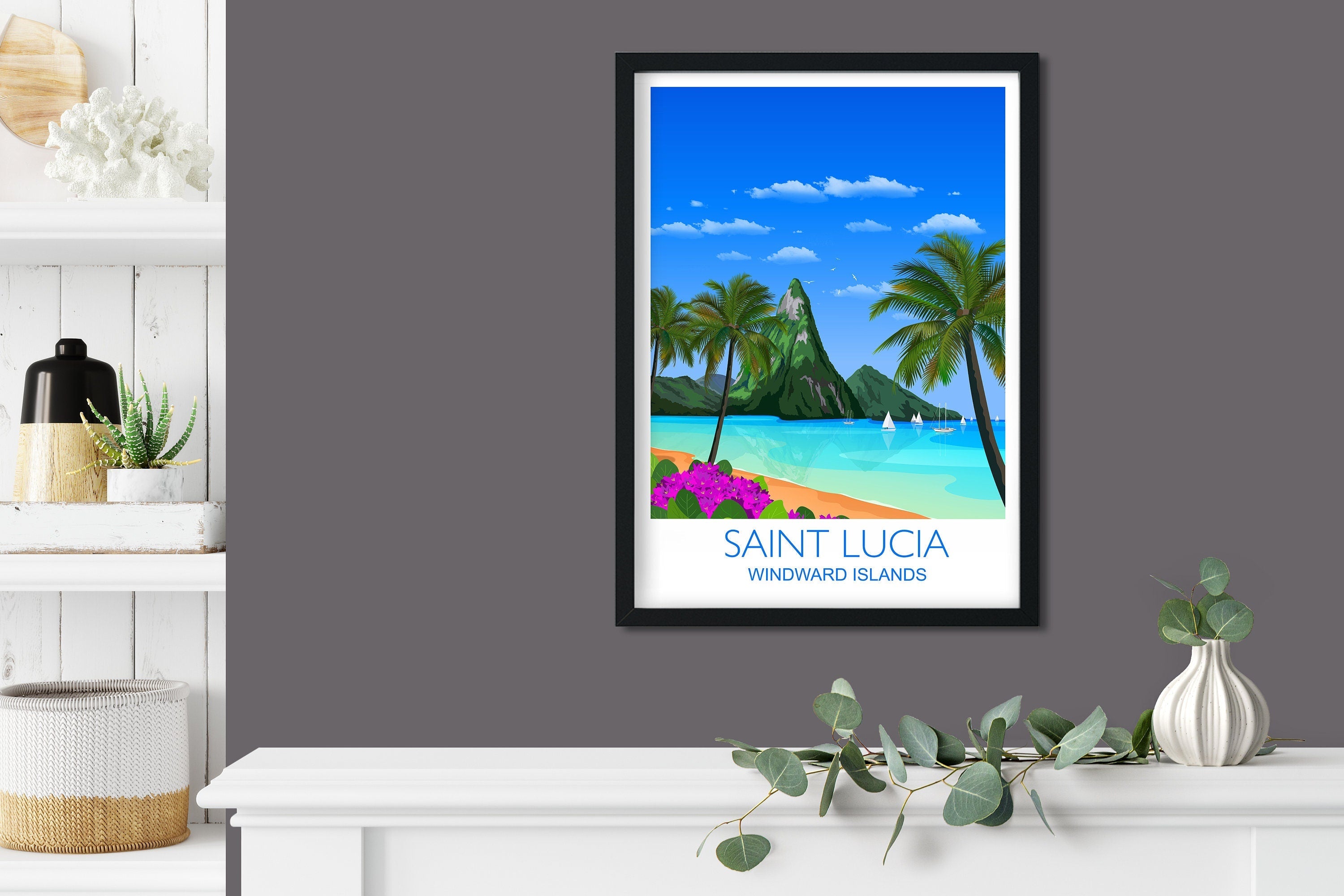 Saint Lucia Travel Print, Travel Poster of Saint Lucia, Windward Islands, Caribbean NQ Media Designs