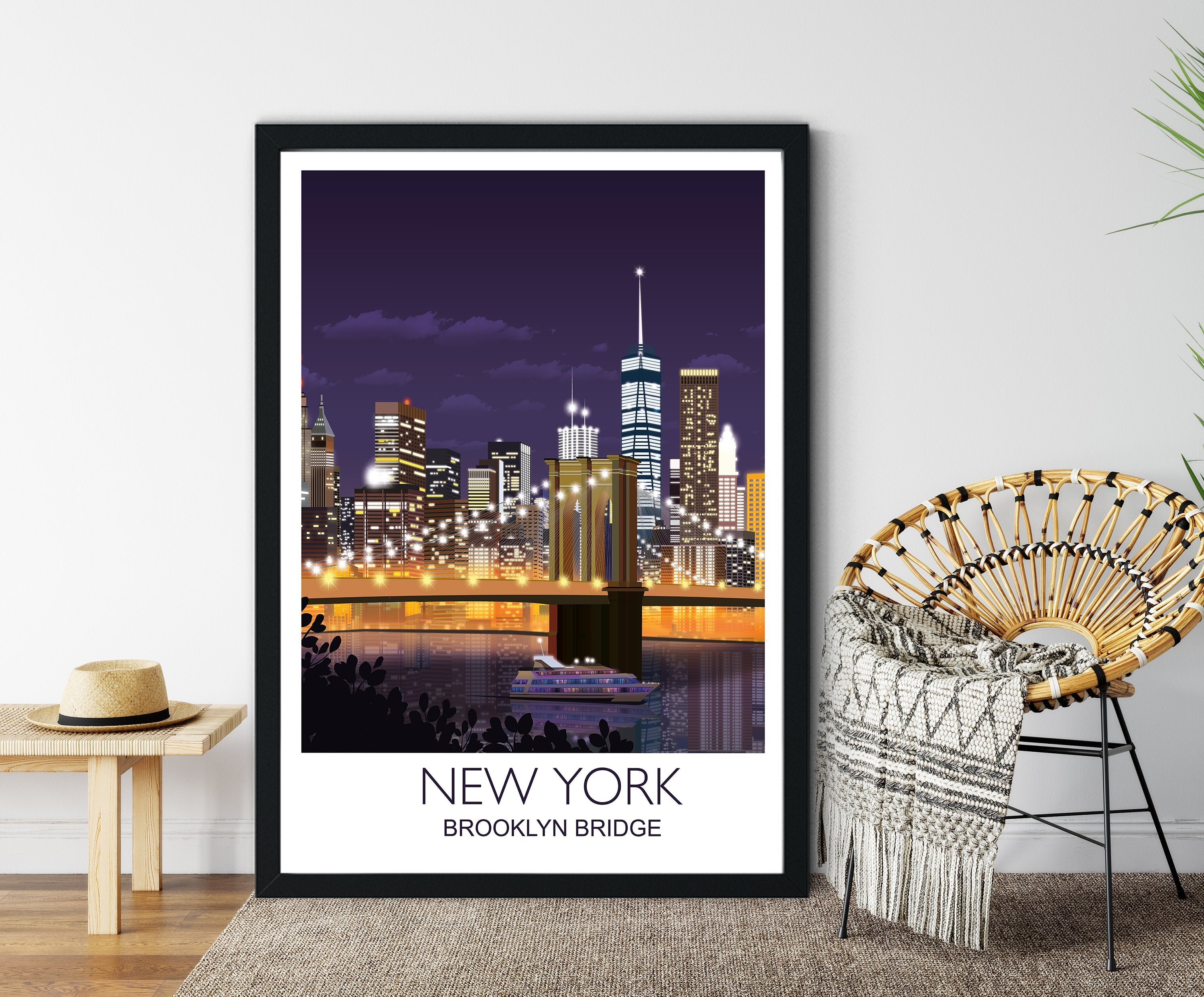 Brooklyn Bridge Travel Print, Travel Poster of Brooklyn Bridge, New York, USA, New York Travel Poster NQ Media Designs