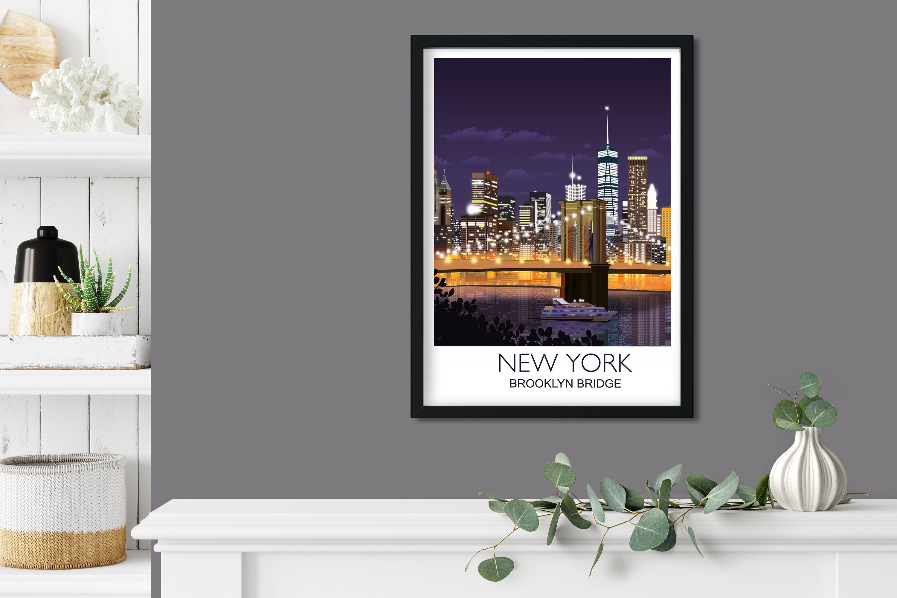 Brooklyn Bridge Travel Print, Travel Poster of Brooklyn Bridge, New York, USA, New York Travel Poster NQ Media Designs