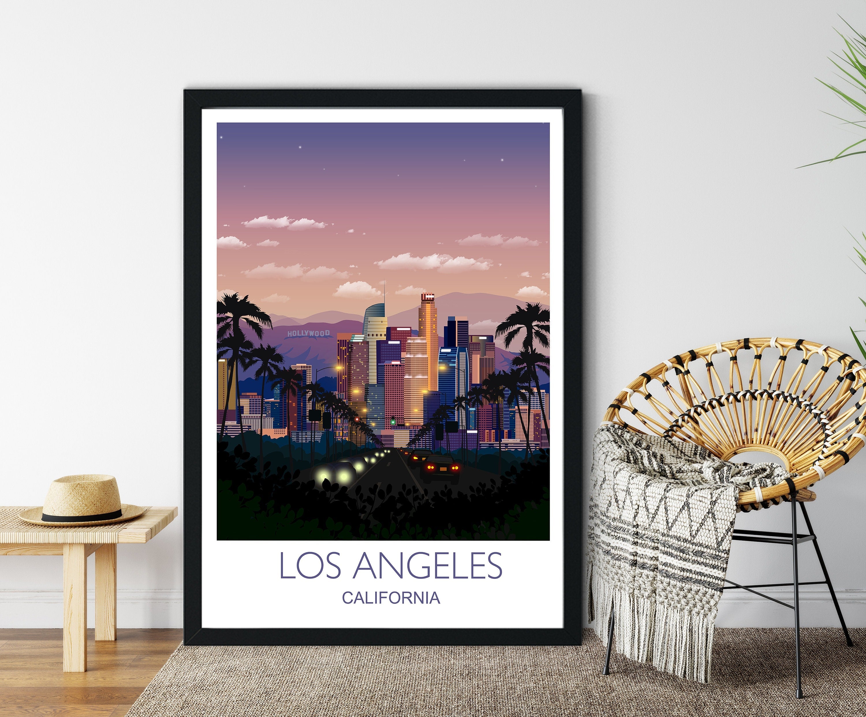 Los Angeles Travel Print, Los Angeles Travel Poster, City of Los Angeles at sunset, California, USA NQ Media Designs