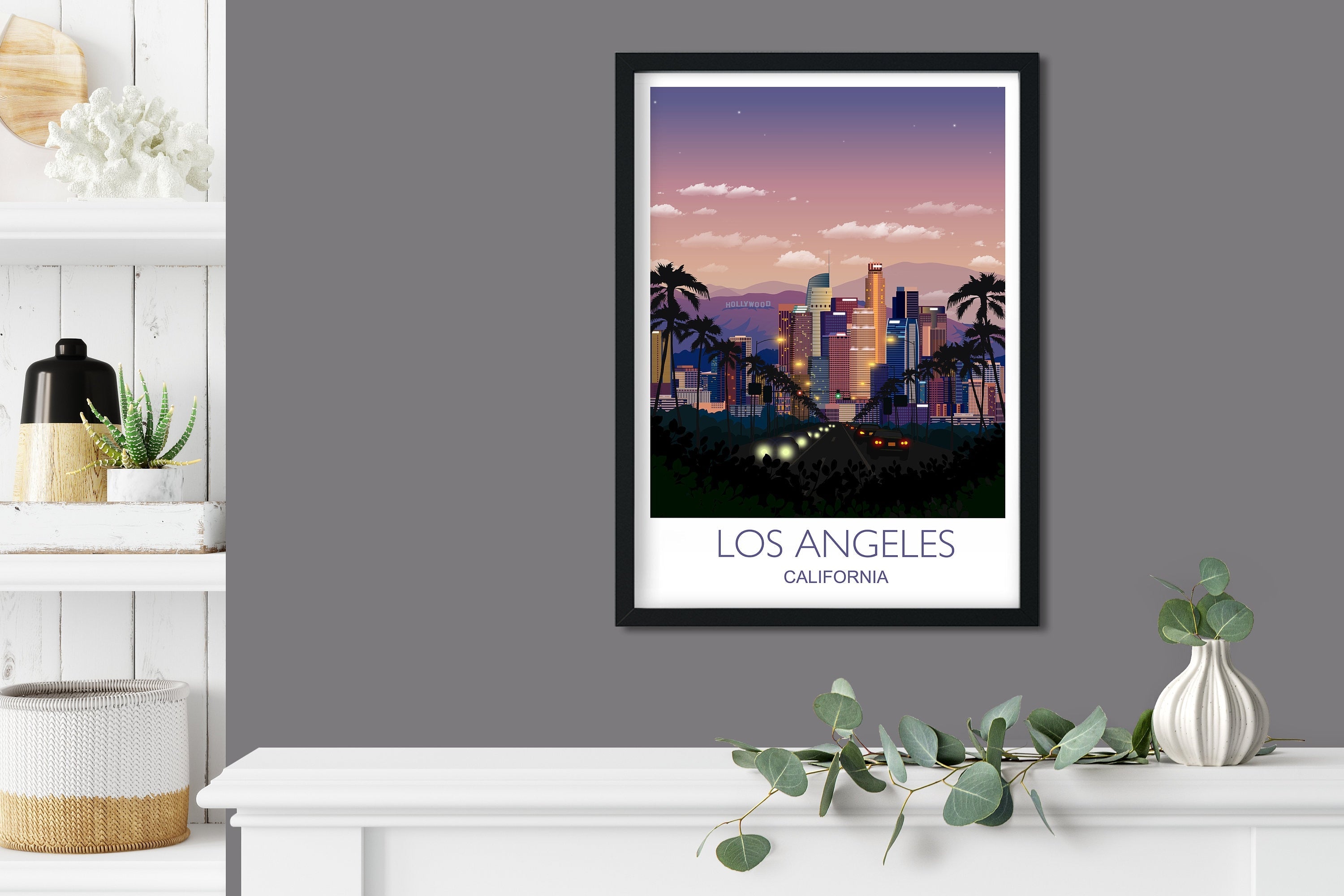 Los Angeles Travel Print, Los Angeles Travel Poster, City of Los Angeles at sunset, California, USA NQ Media Designs