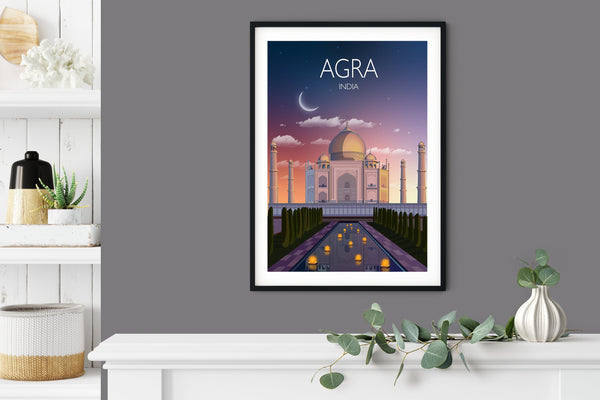 Agra Travel Print at sunset, Agra Poster, Taj Mahal, India