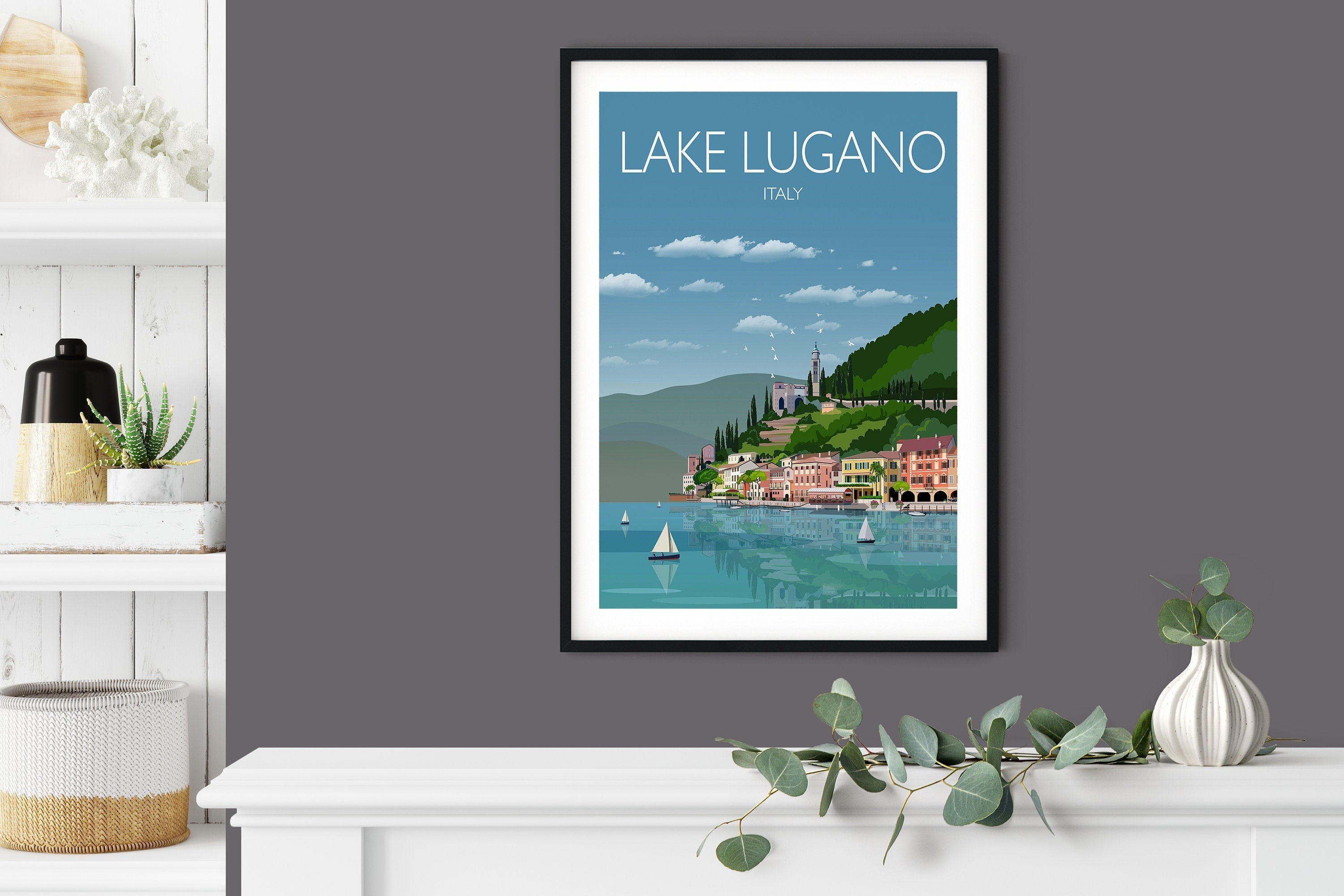 Lake Lugano Travel Poster, Travel Print of Lake Lugano, Italian Lakes, Italy NQ Media Designs
