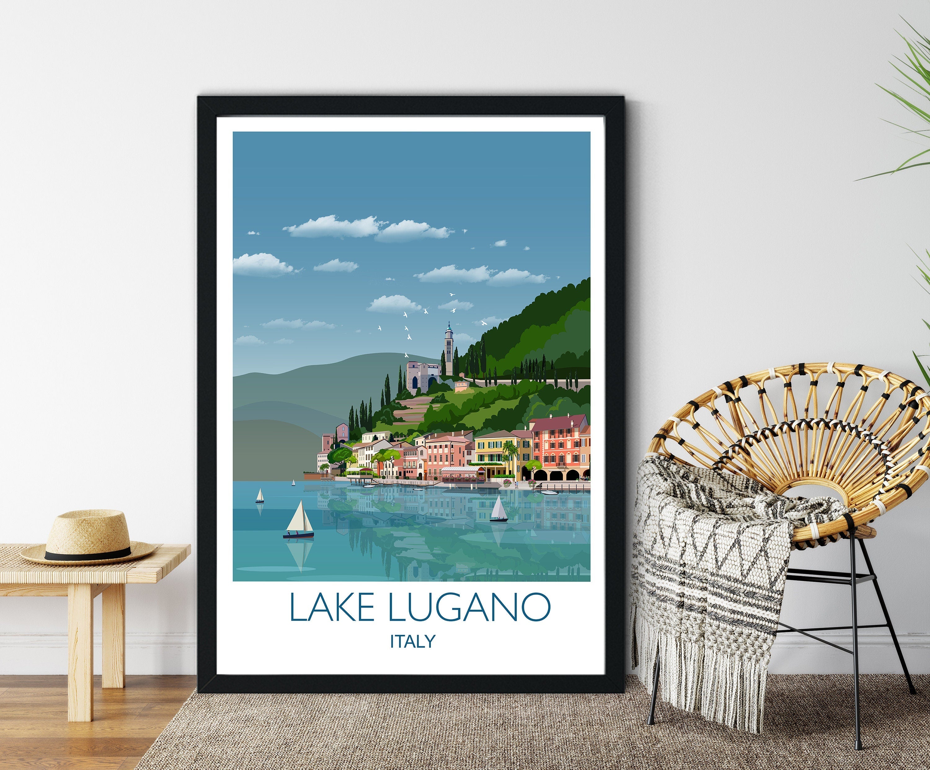 Lake Lugano Travel Poster, Travel Print of Lake Lugano, Italian Lakes, Italy NQ Media Designs
