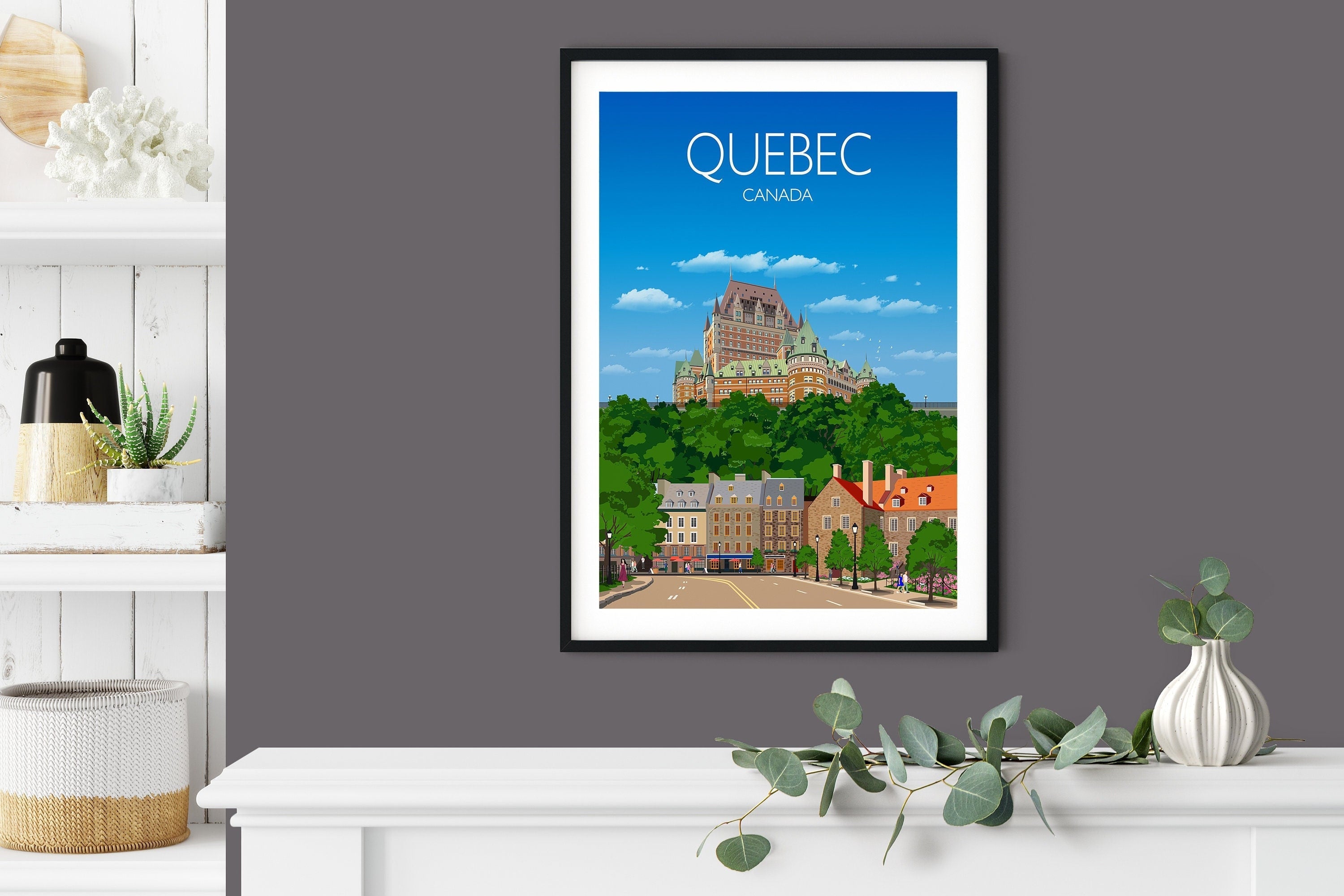 Quebec Travel Poster, Travel Print of Quebec, City of Quebec Canada NQ Media Designs