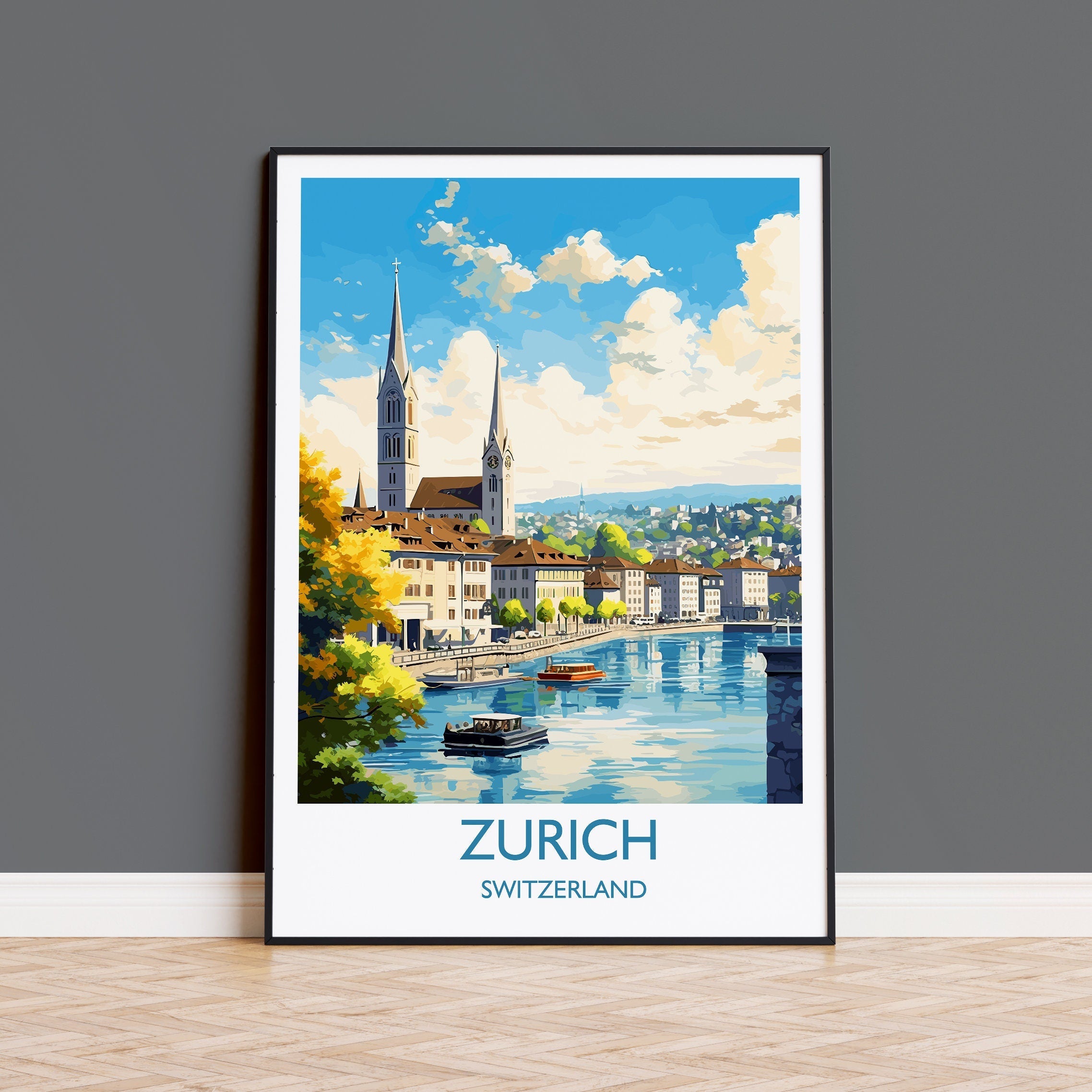 Zurich Travel Poster, Travel Print of Zurich, Switzerland, Swiss Art, Zurich Gift, Wall Art Print NQ Media Designs