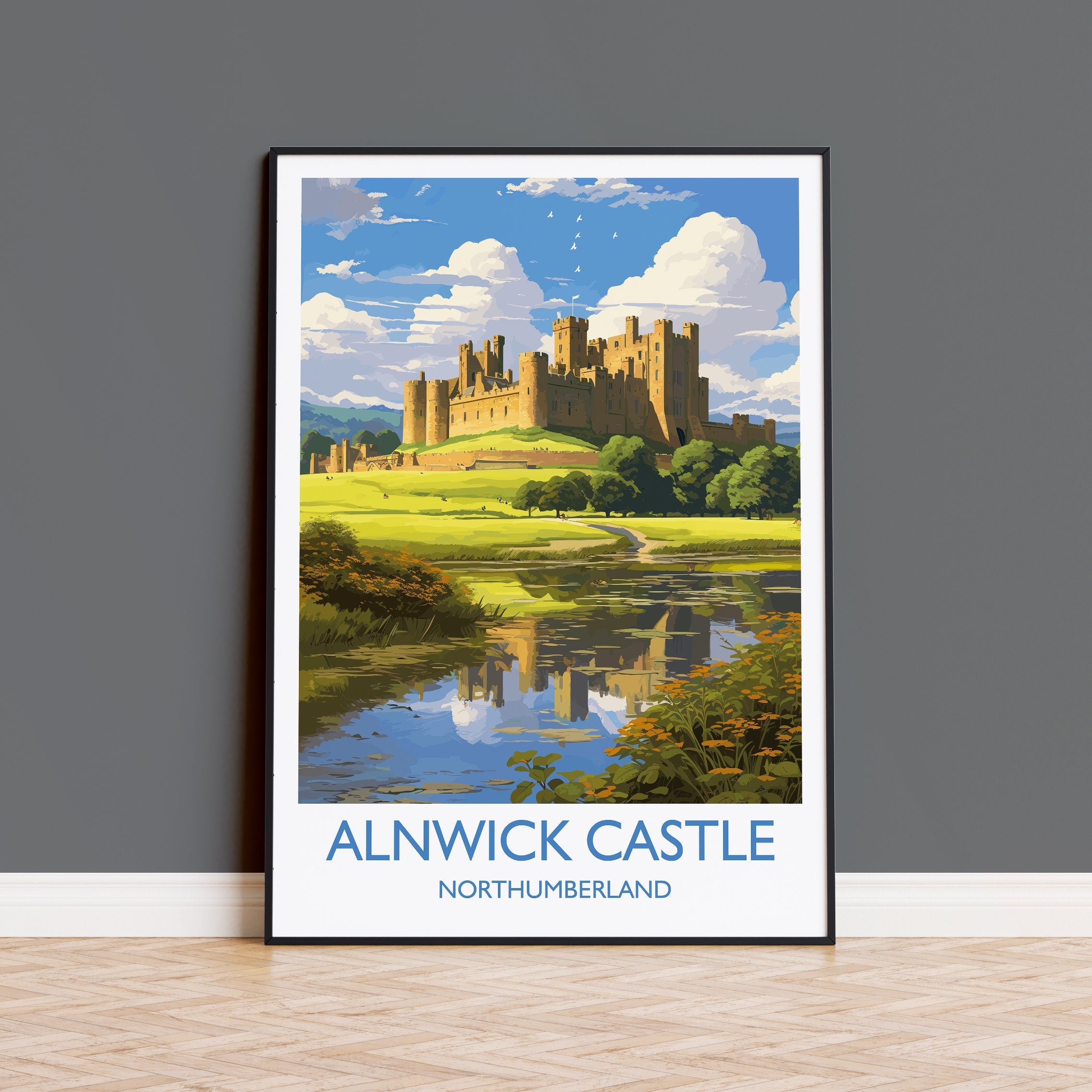 Alnwick Castle Travel Print, Travel Poster of Alnwick Castle, Northumberland, England, Alnwick Castle Gift, Wall Art Print NQ Media Designs