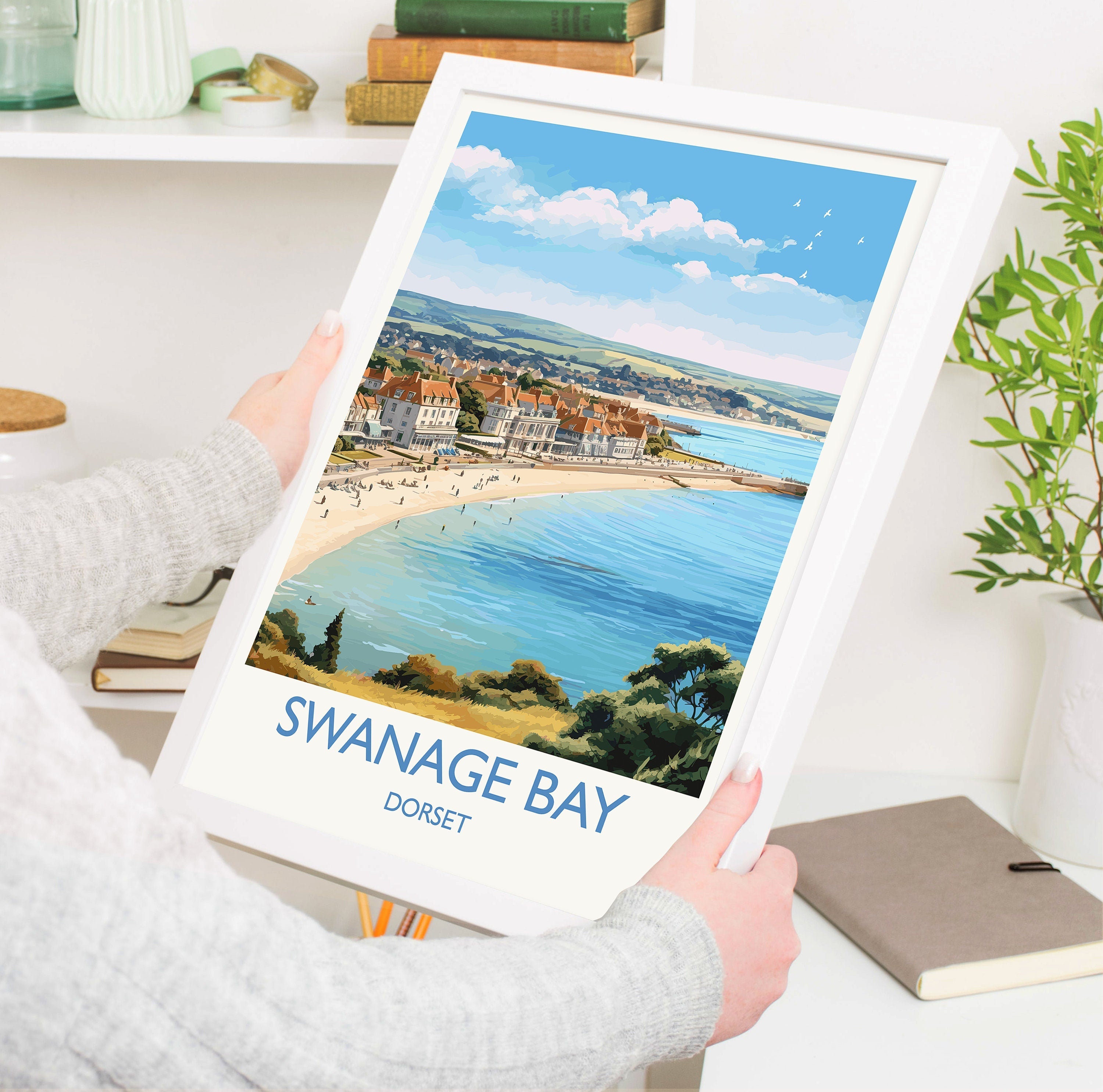 Swanage Bay Travel Print, Travel Poster of Swanage Bay, England, Dorset Coast Art, Dorset Gift, Wall Art Print NQ Media Designs