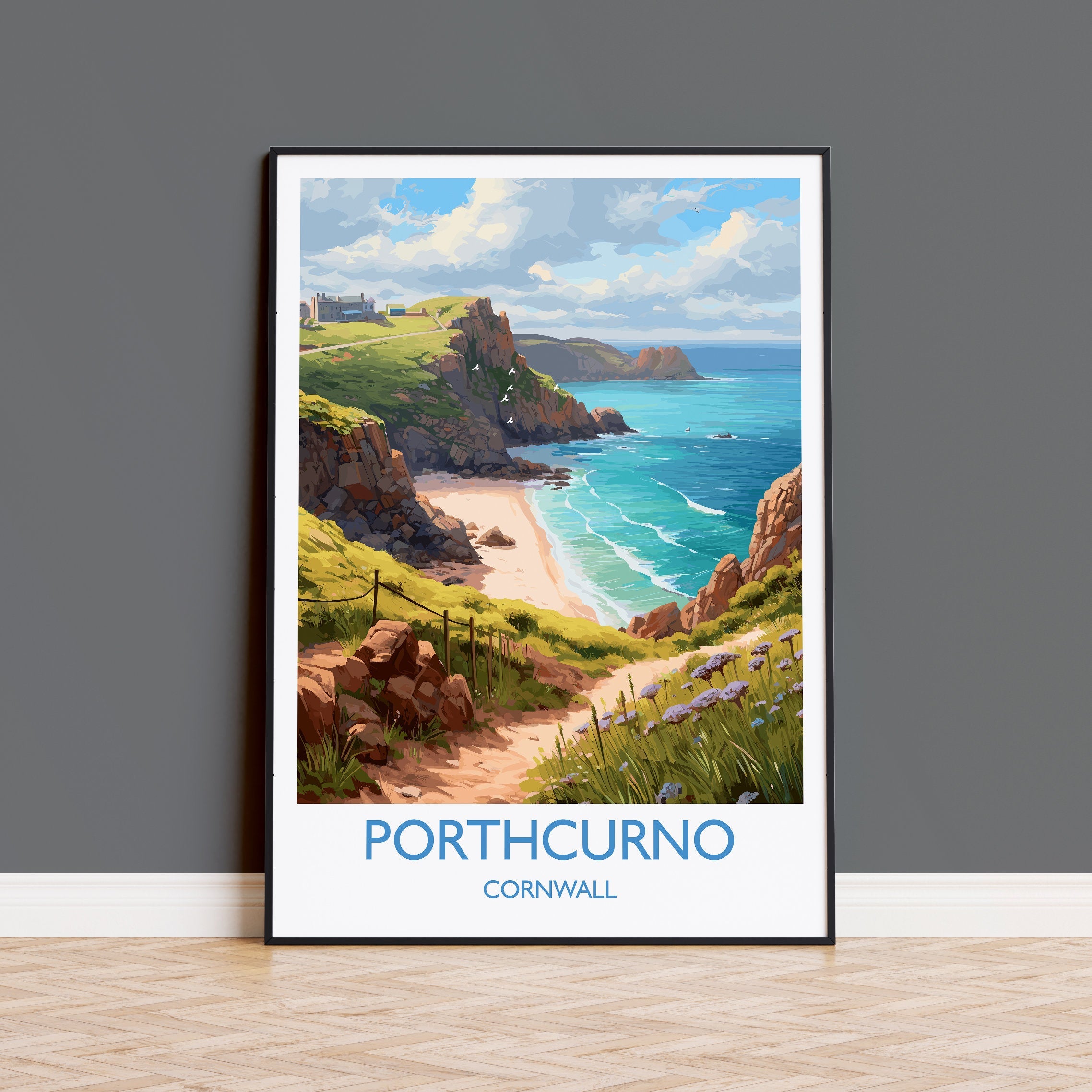 Porthcurno Travel Poster, Travel Print of Porthcurno, England, Cornwall Art, Porthcurno Gift, Cornwall Gift, Wall Art Print NQ Media Designs