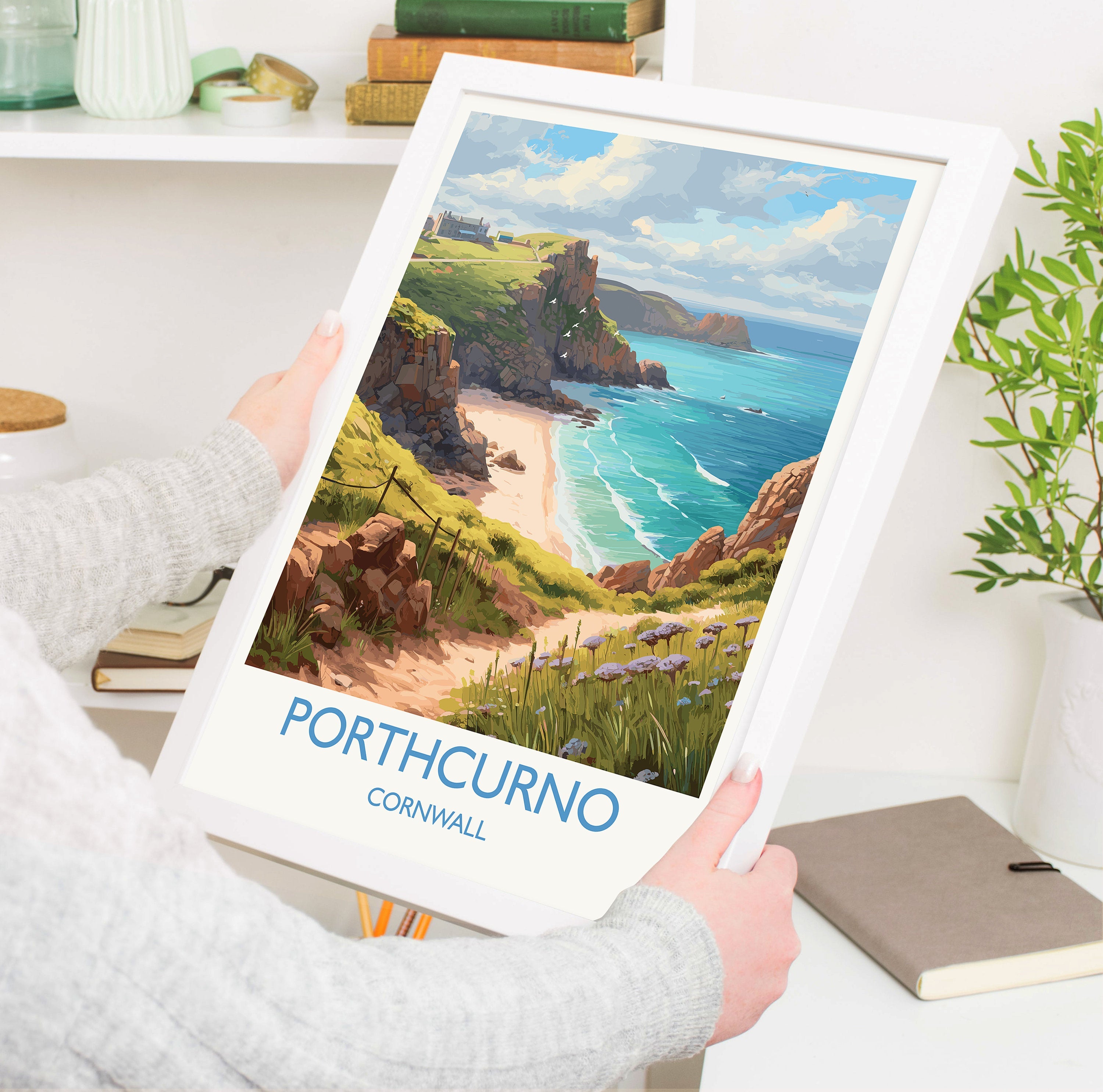 Porthcurno Travel Poster, Travel Print of Porthcurno, England, Cornwall Art, Porthcurno Gift, Cornwall Gift, Wall Art Print NQ Media Designs
