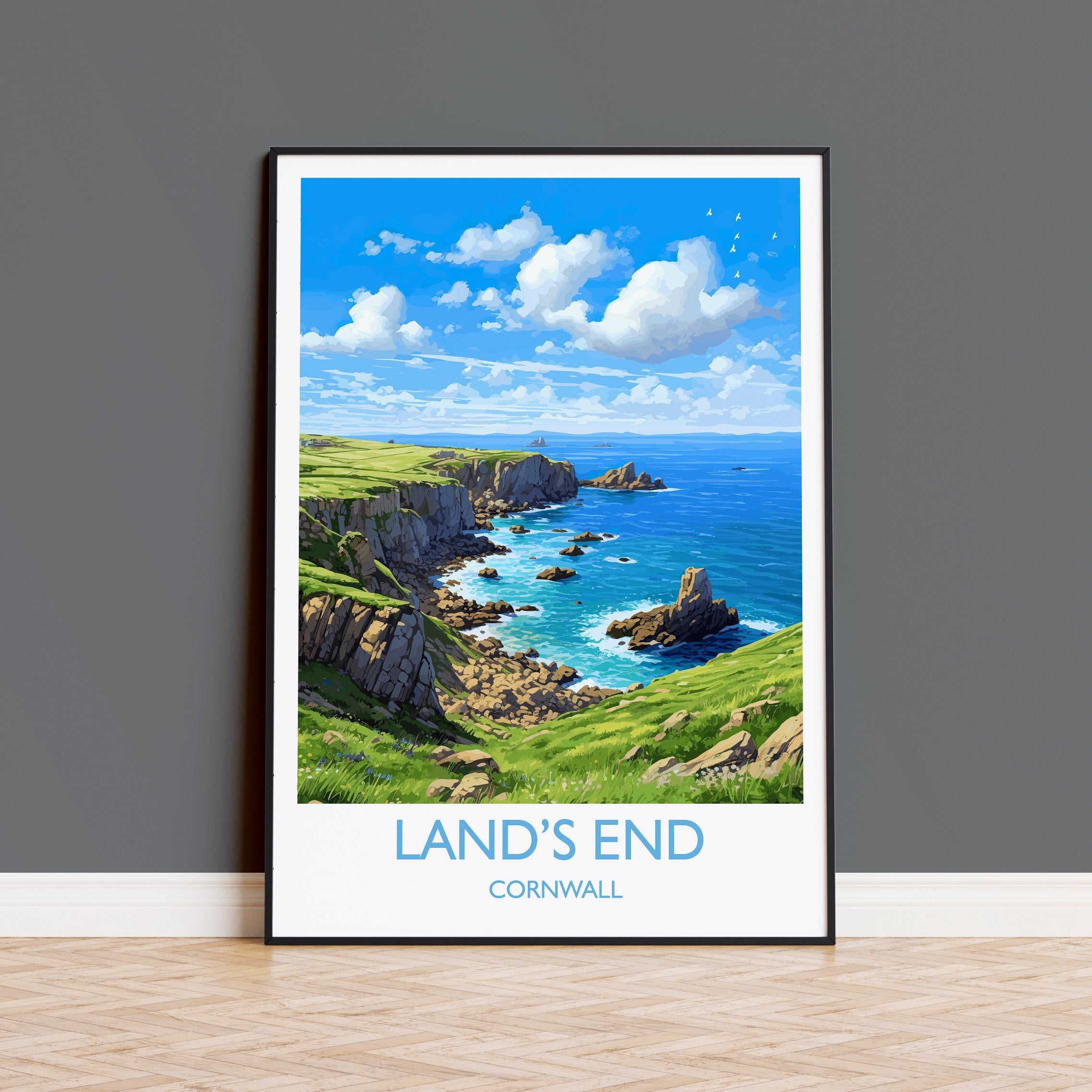 Lands End Travel Poster, Travel Print of Lands End, England, Cornwall Art, Cornwall Gift, Wall Art Print NQ Media Designs
