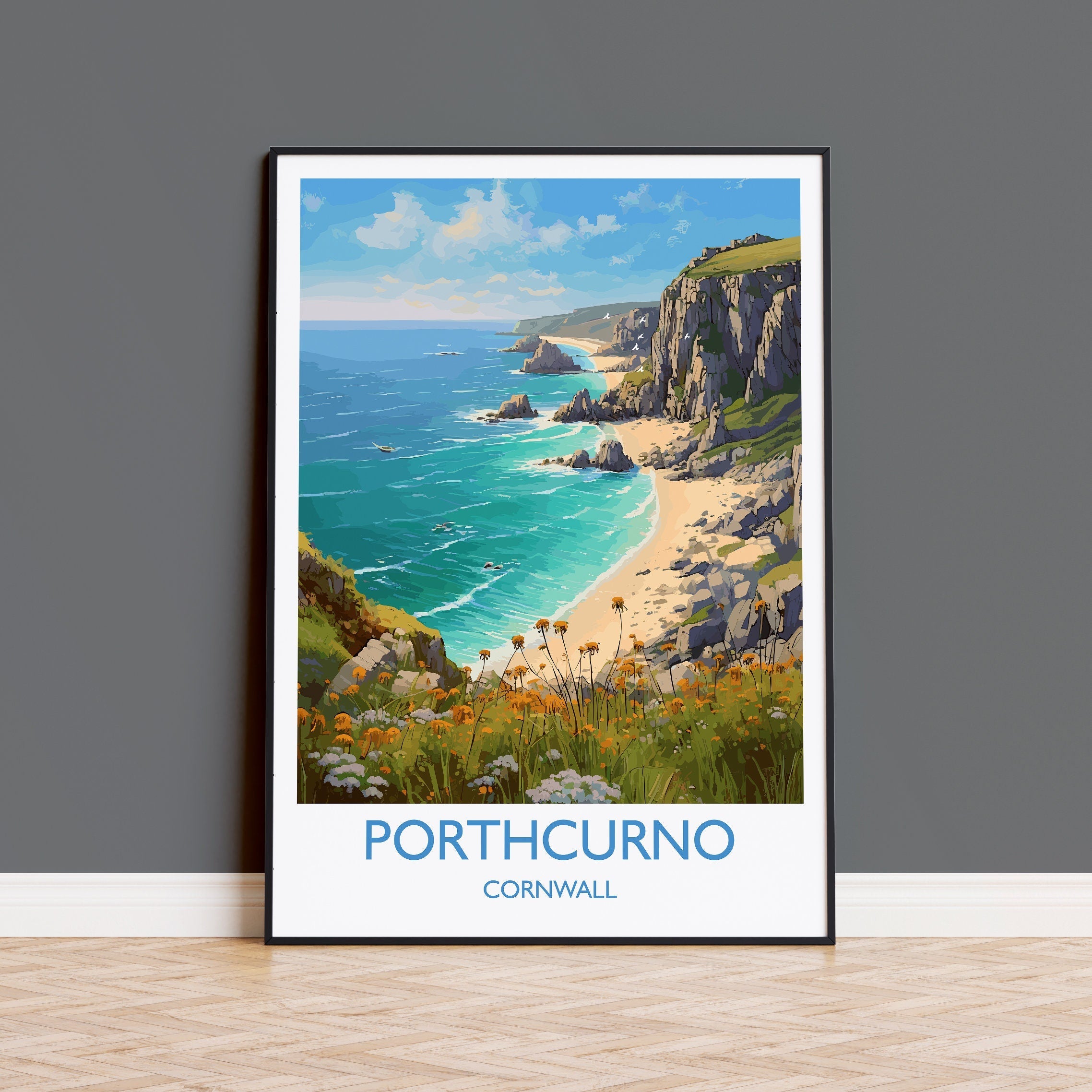 Porthcurno Travel Print, Travel Poster of Porthcurno, England, Cornwall Art, Porthcurno Gift, Cornwall Gift, Wall Art Print NQ Media Designs