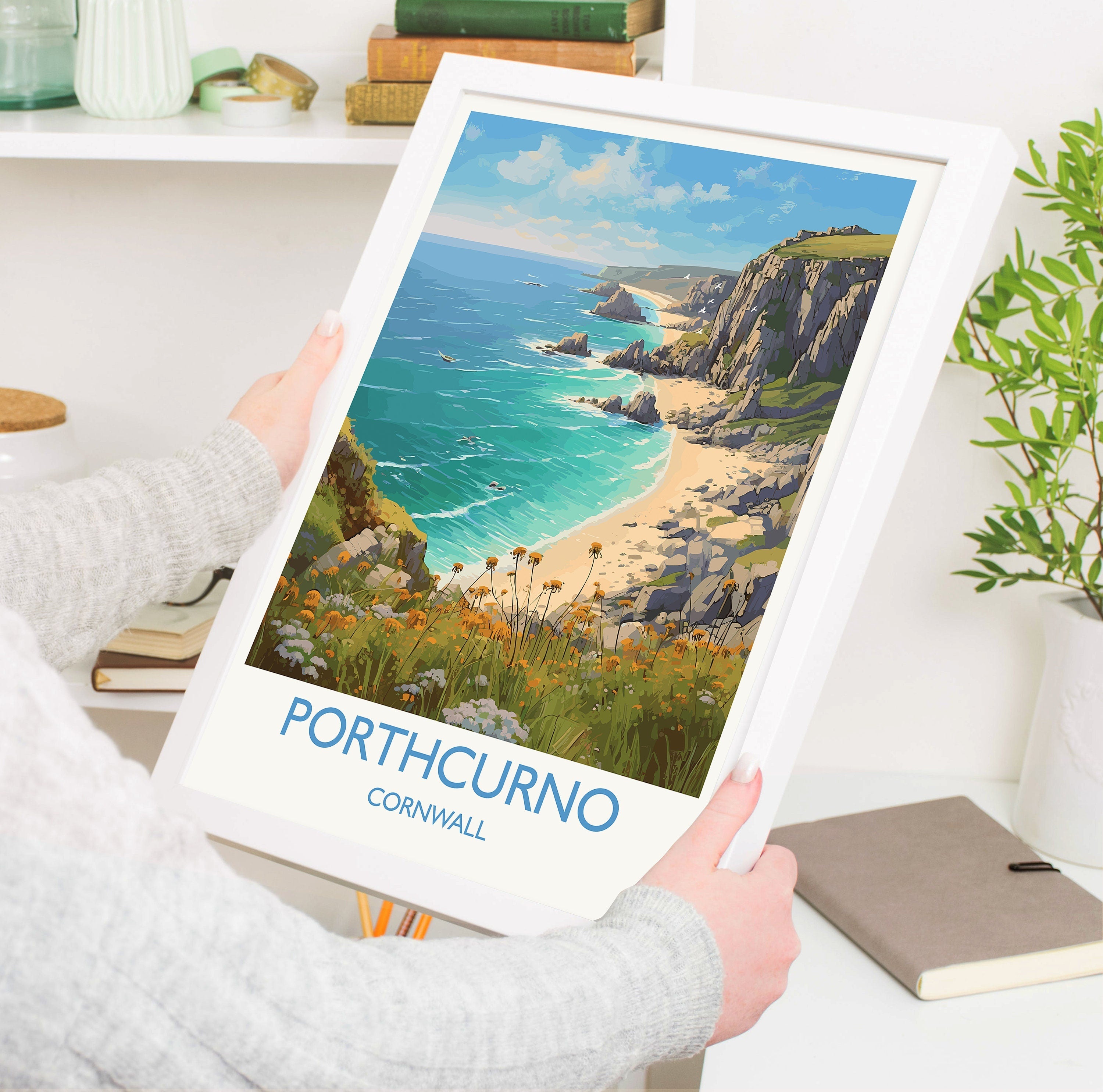 Porthcurno Travel Print, Travel Poster of Porthcurno, England, Cornwall Art, Porthcurno Gift, Cornwall Gift, Wall Art Print NQ Media Designs