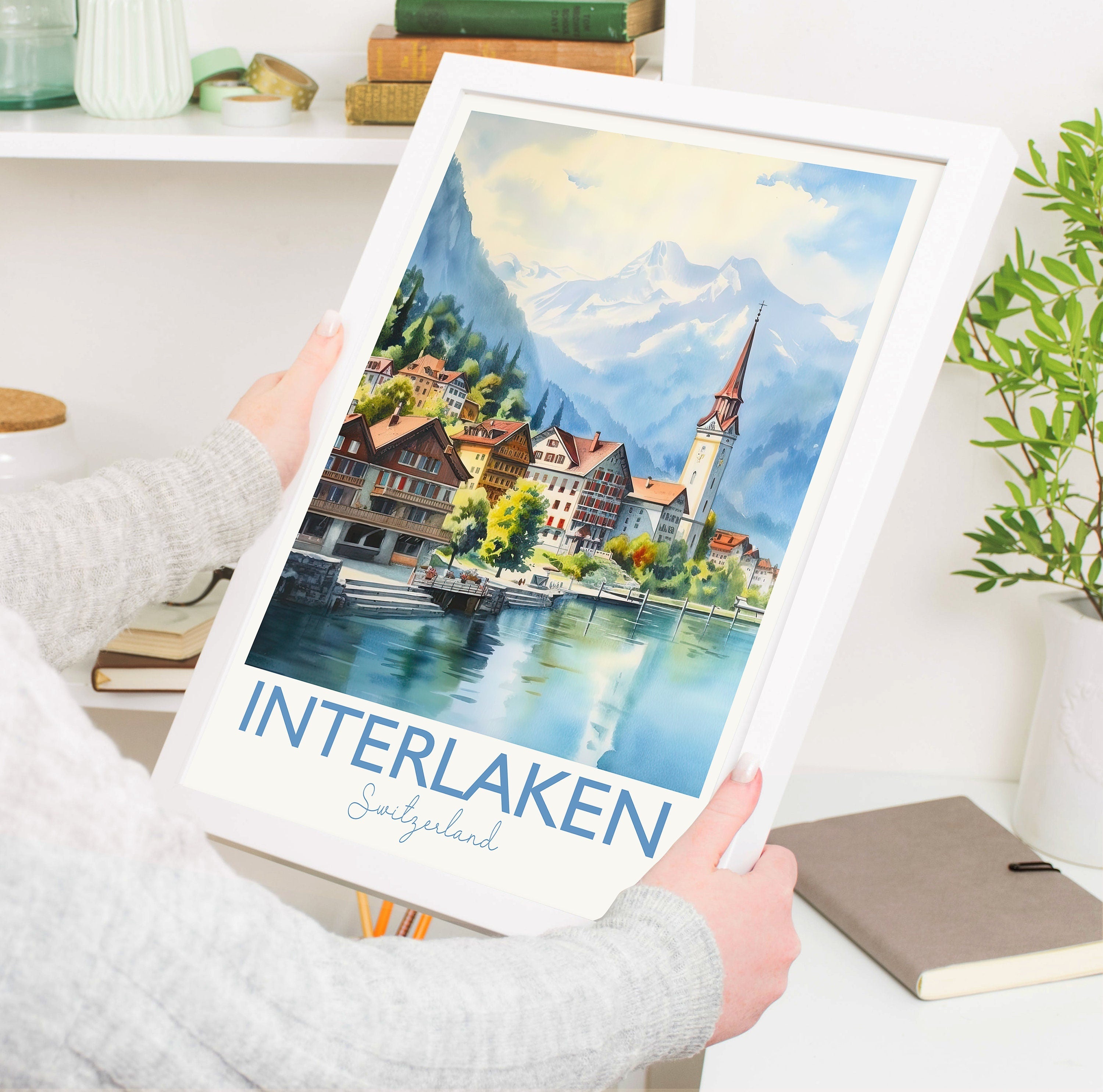 Interlaken Poster, Travel Print of Interlaken, Switzerland, Interlaken Gift, Travel Watercolour Gift NQ Media Designs